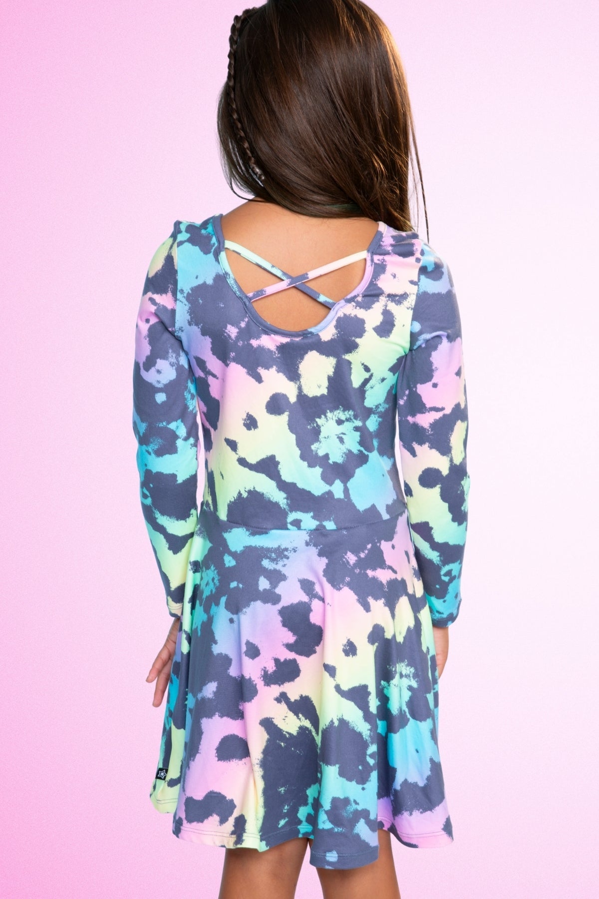 Simply Soft Long Sleeve Skater Dress - Black Tie Dye Rainbow Icons