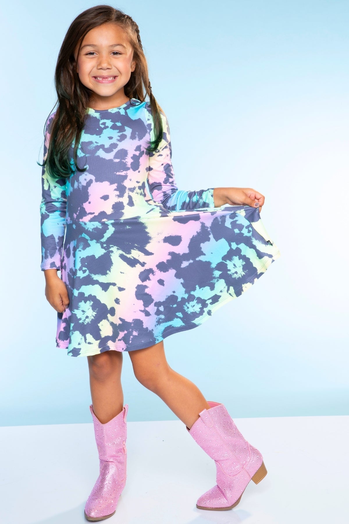 Simply Soft Long Sleeve Skater Dress - Black Tie Dye Rainbow Icons