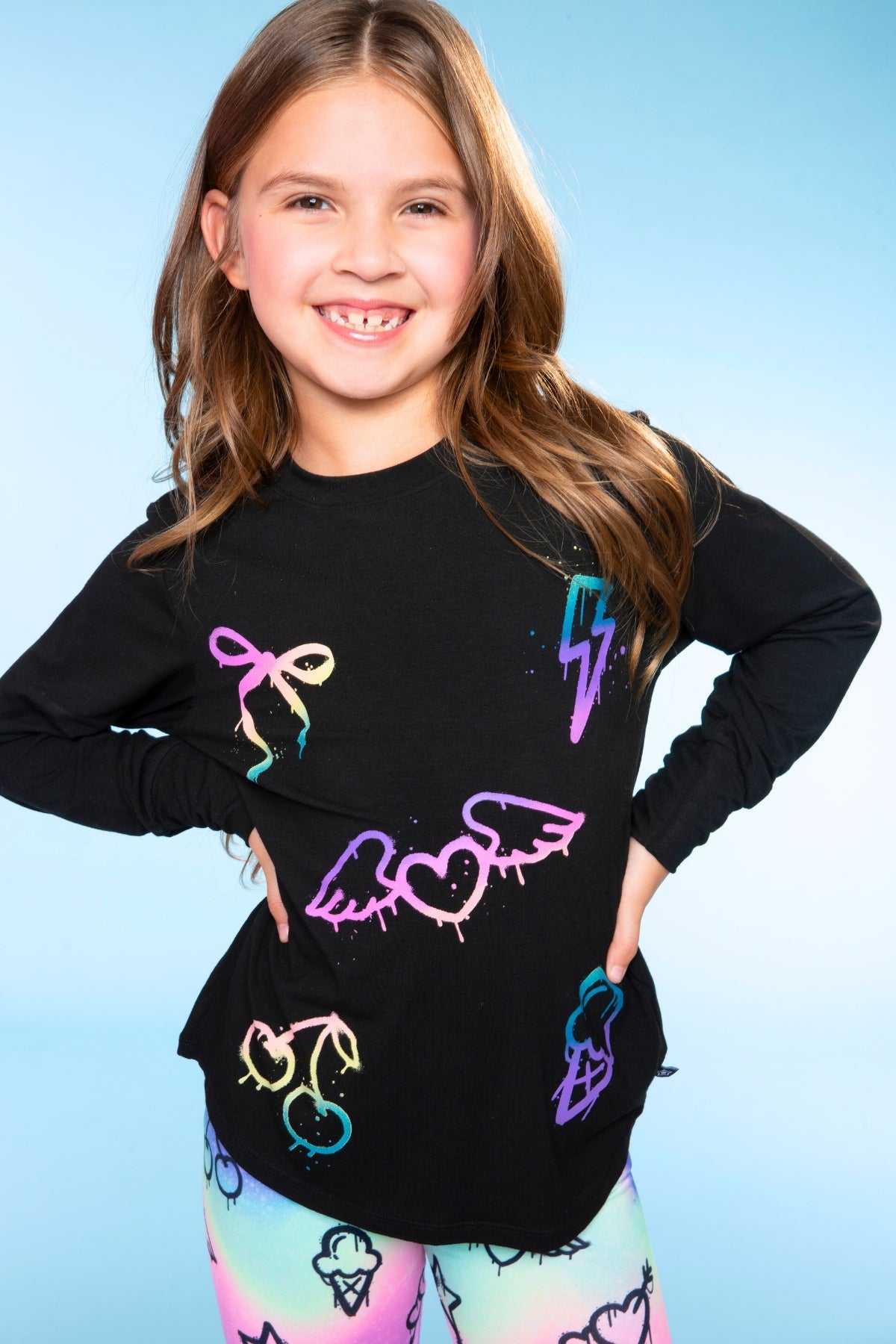 Modal Long Sleeve Shirttail Top - Black Rainbow Peace Love