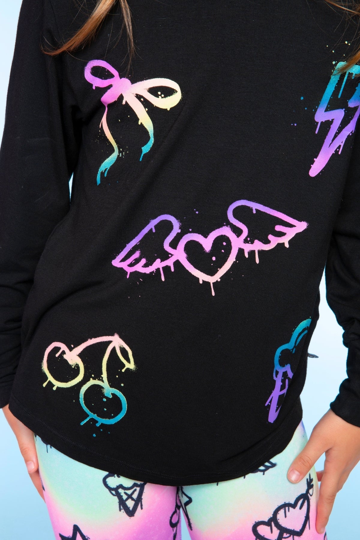 Modal Long Sleeve Shirttail Top - Black Rainbow Peace Love
