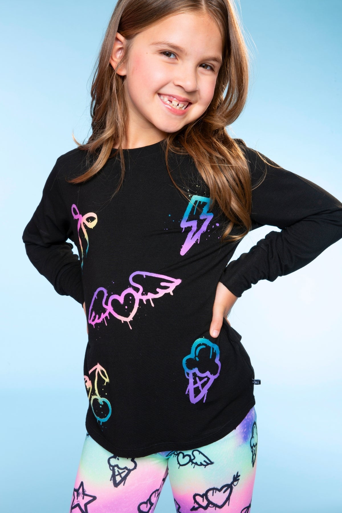 Modal Long Sleeve Shirttail Top - Black Rainbow Peace Love