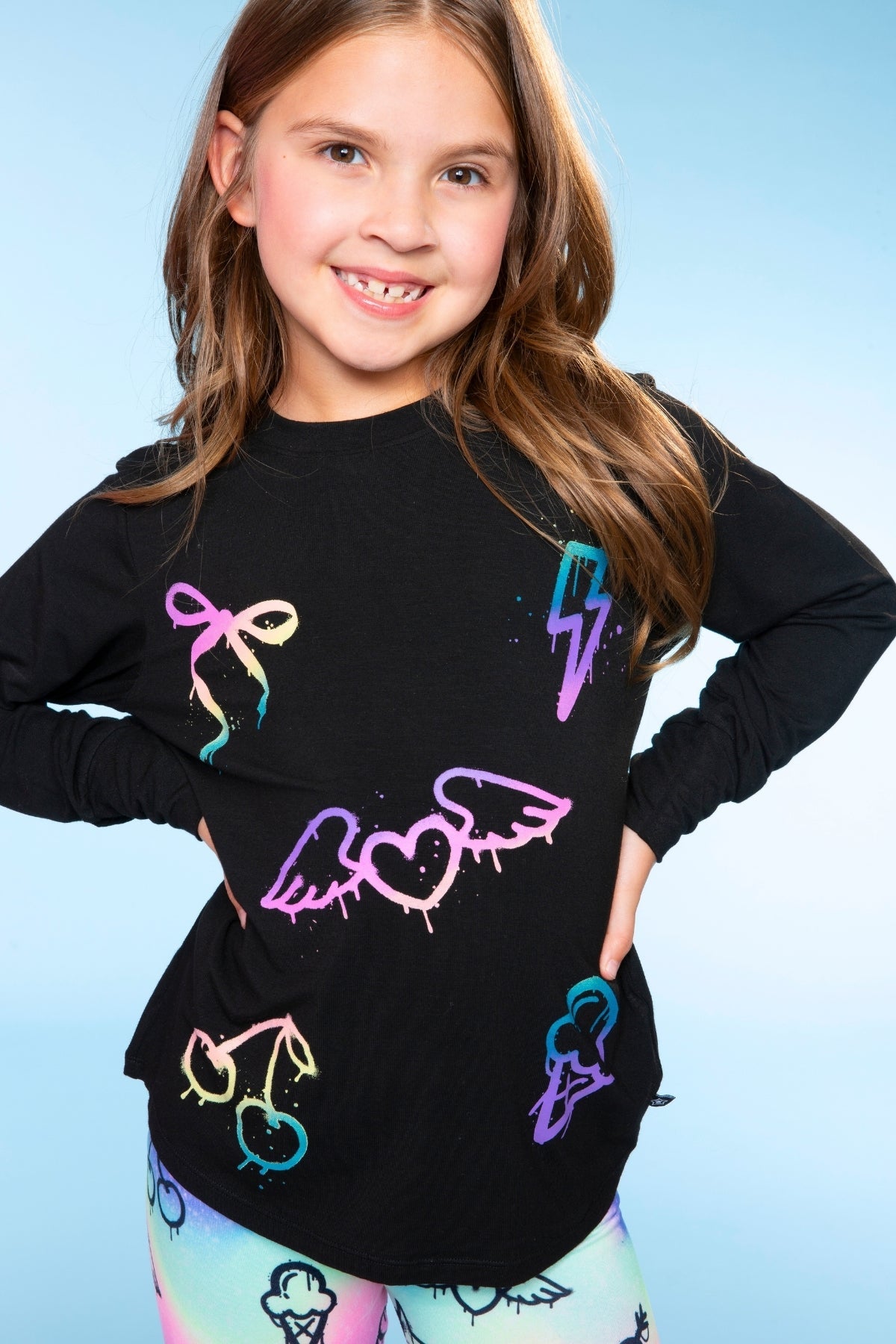 Modal Long Sleeve Shirttail Top - Black Rainbow Peace Love