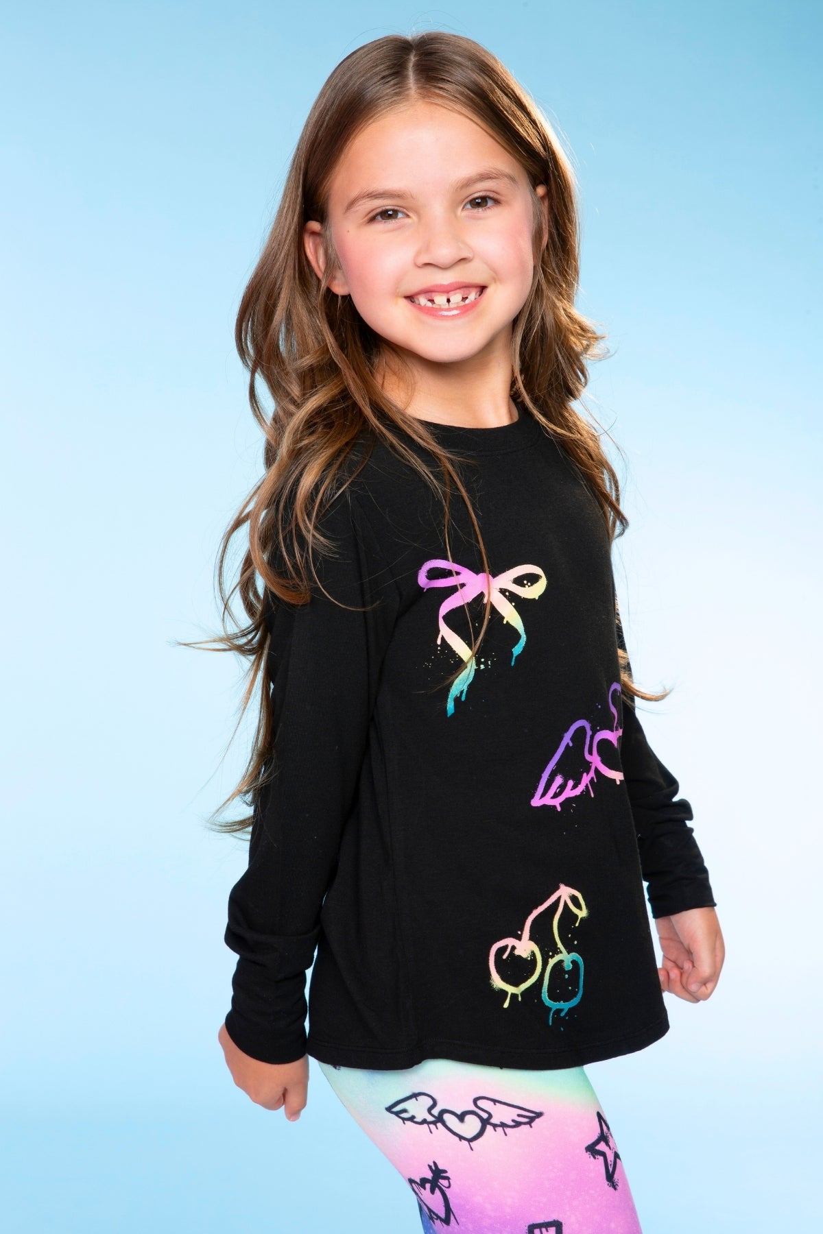Modal Long Sleeve Shirttail Top - Black Rainbow Peace Love