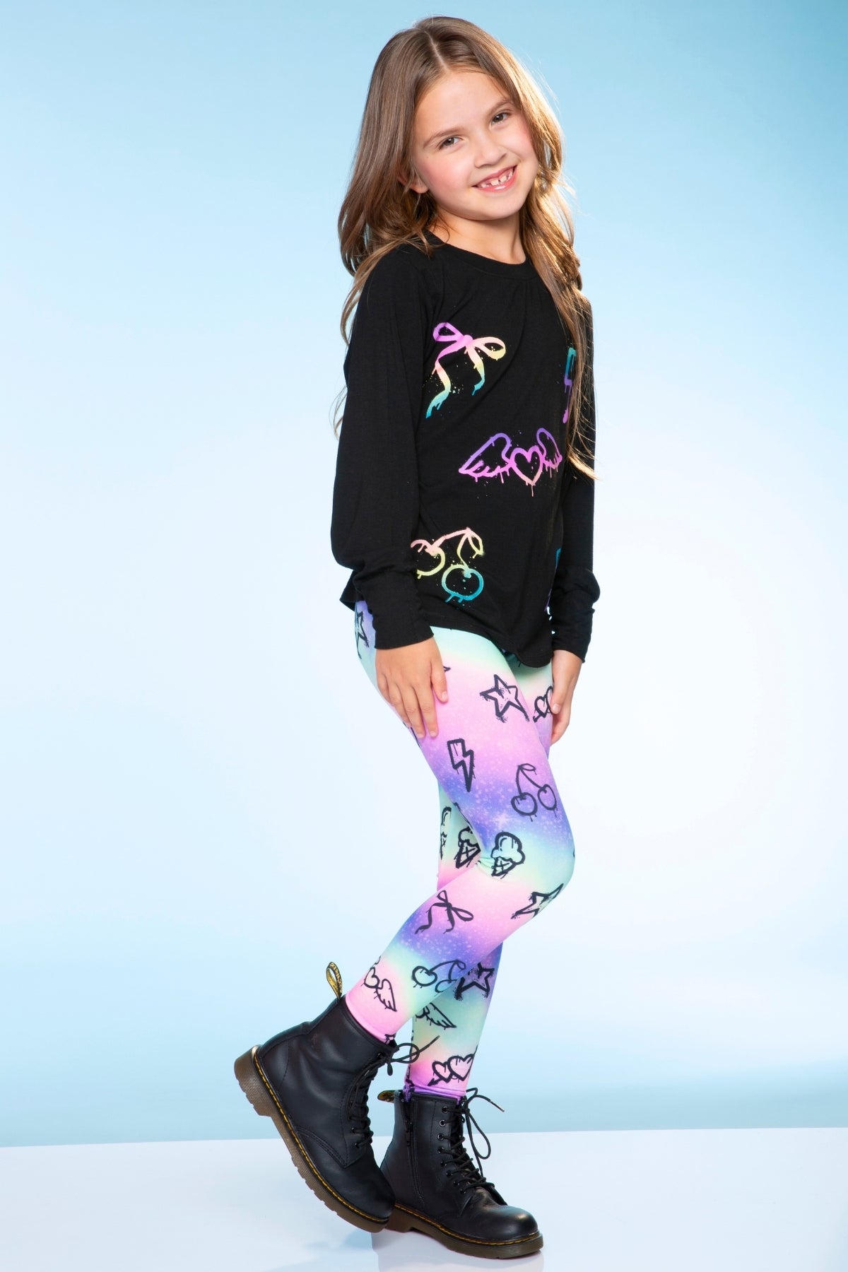 Modal Long Sleeve Shirttail Top - Black Rainbow Peace Love