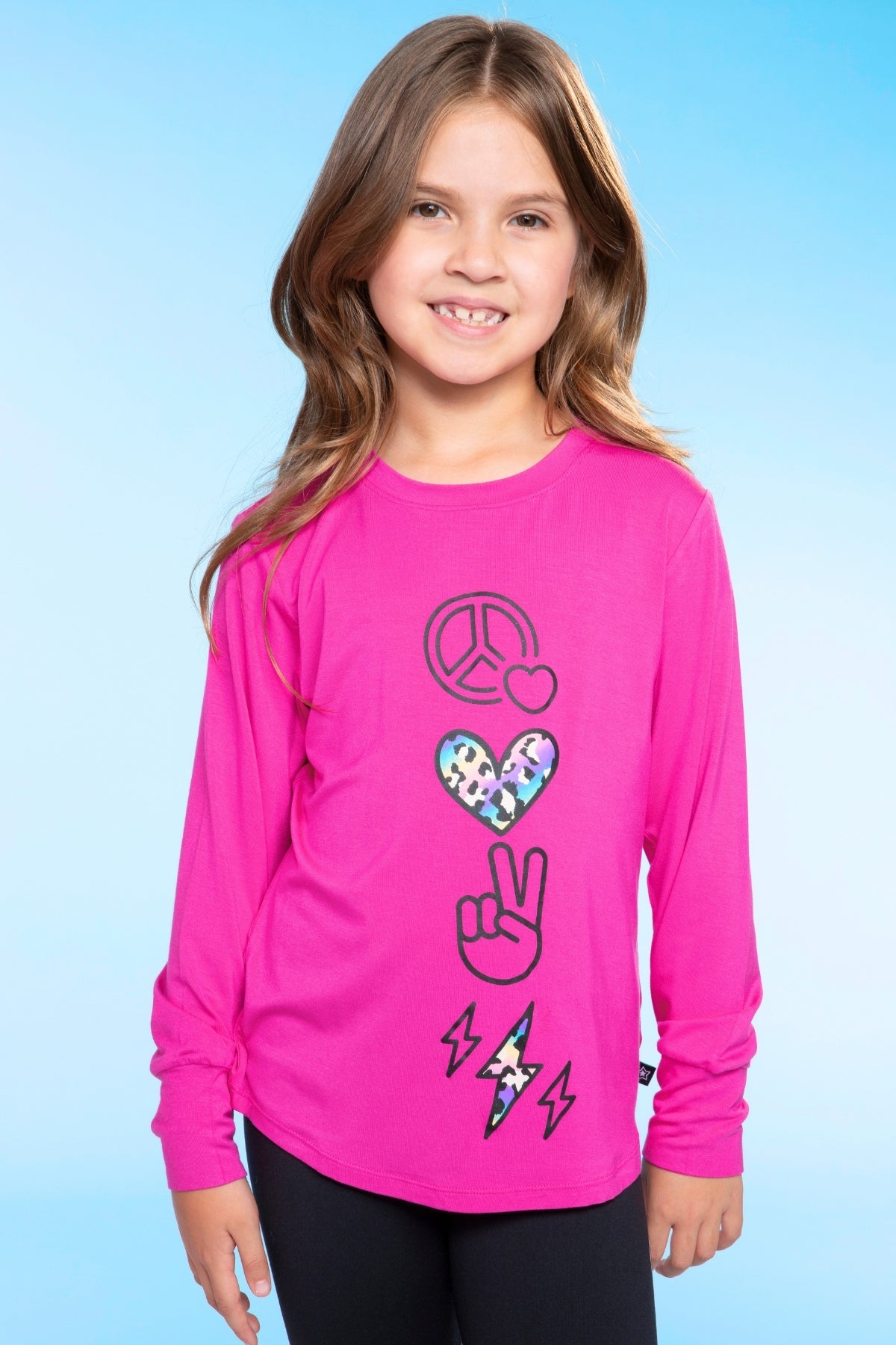 Modal Long Sleeve Shirttail Top - Black Rainbow Peace Love