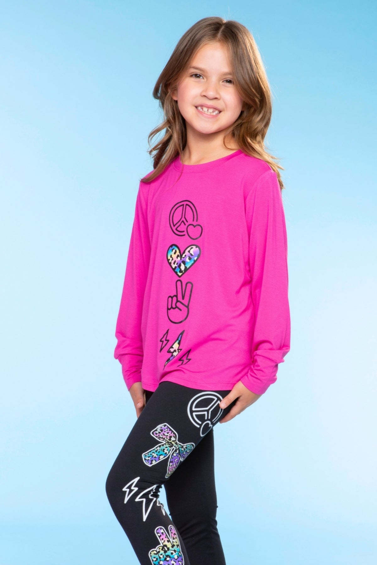 Modal Long Sleeve Shirttail Top - Black Rainbow Peace Love