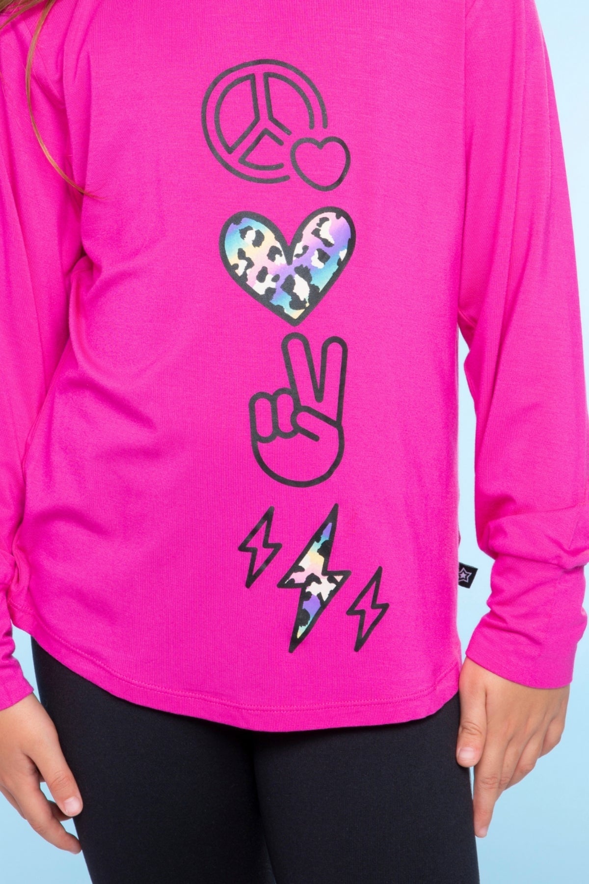 Modal Long Sleeve Shirttail Top - Black Rainbow Peace Love