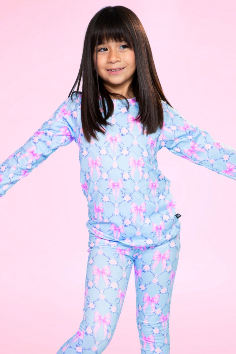 Simply Soft Long Sleeve Crew & Slim Lounge Bottom - Blue Pink Bow Floral