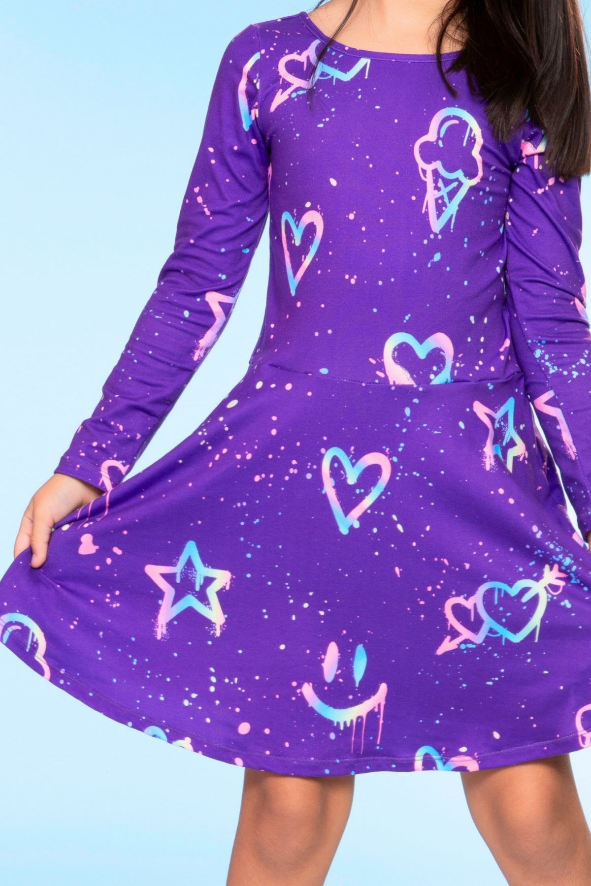 Simply Soft Long Sleeve Skater Dress - Black Tie Dye Rainbow Icons