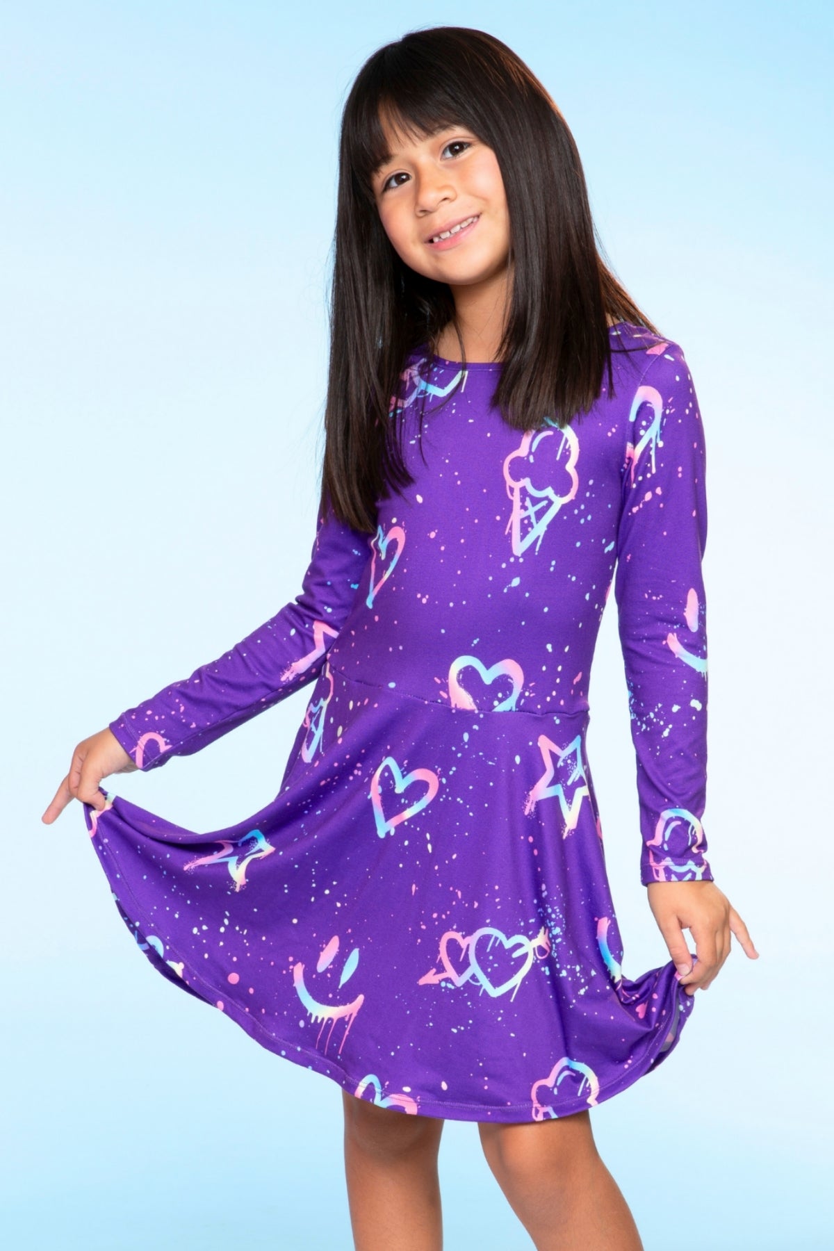 Simply Soft Long Sleeve Skater Dress - Black Tie Dye Rainbow Icons