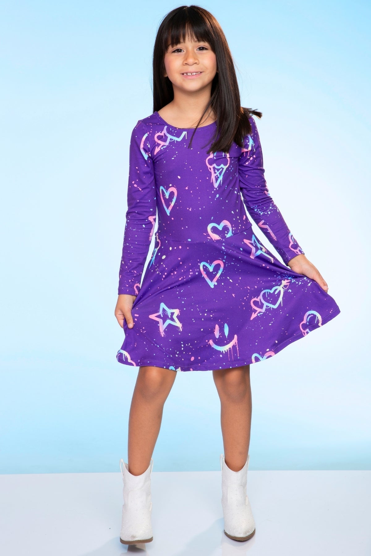 Simply Soft Long Sleeve Skater Dress - Black Tie Dye Rainbow Icons