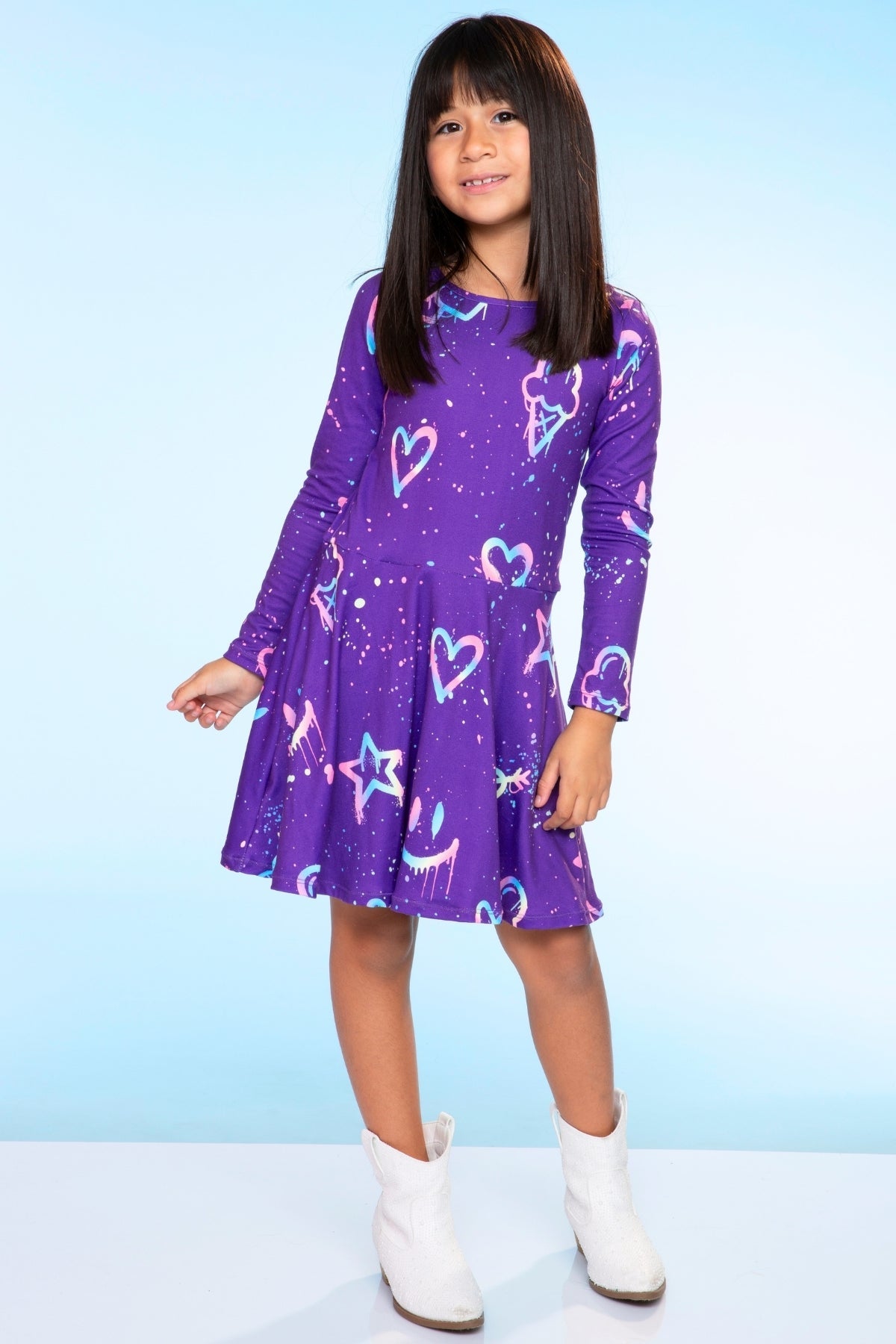 Simply Soft Long Sleeve Skater Dress - Black Tie Dye Rainbow Icons