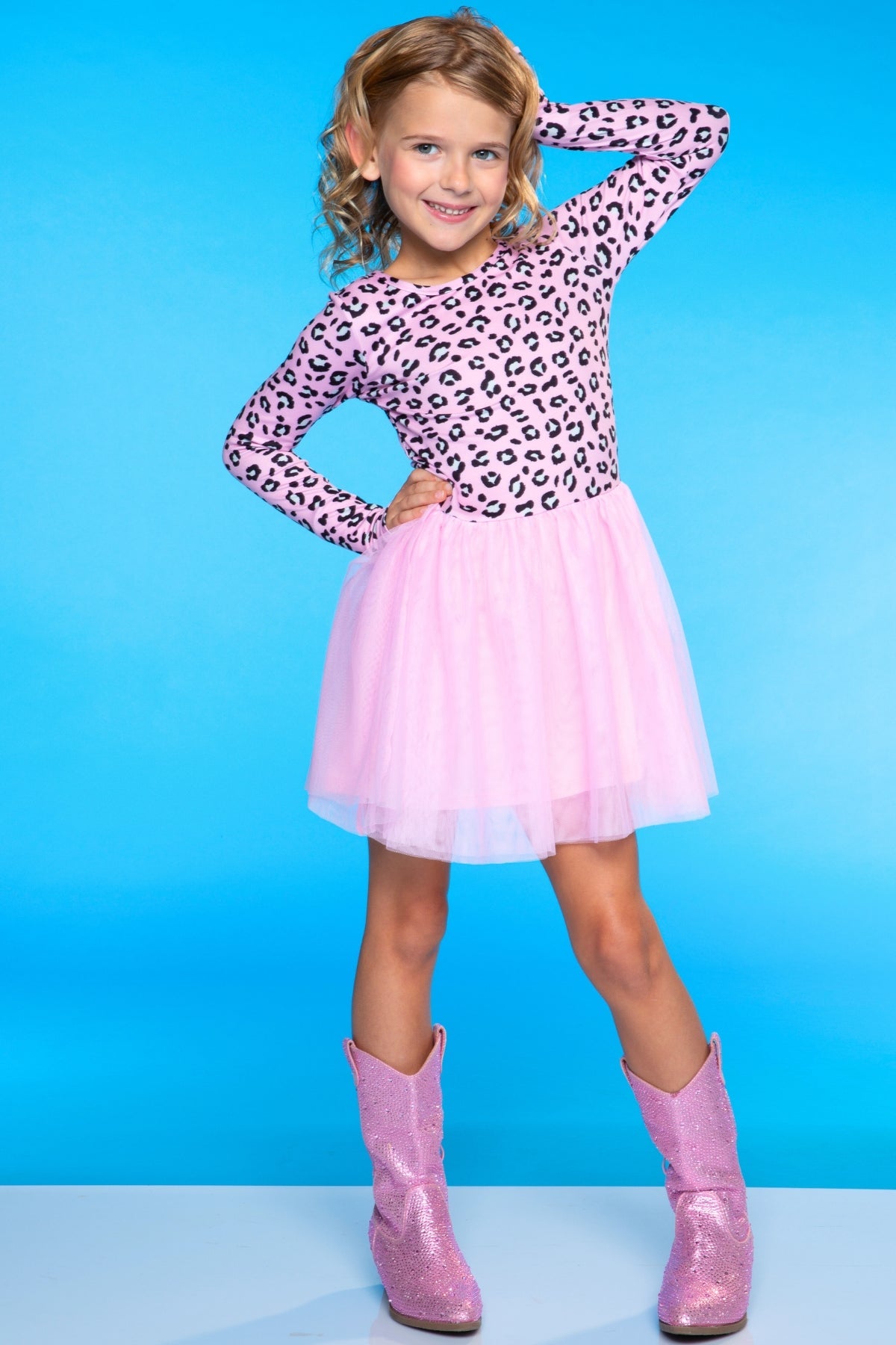Simply Soft Long Sleeve Be Happy Tulle Dress - Pink Grey Tie Dye Stars