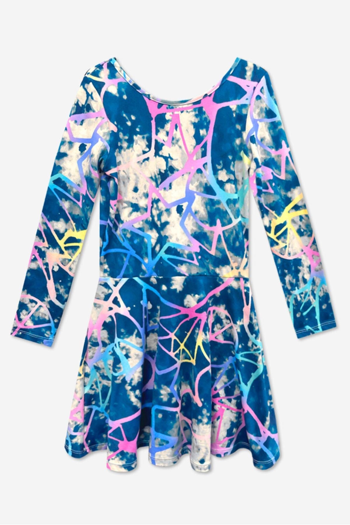 Simply Soft Long Sleeve Skater Dress - Black Tie Dye Rainbow Icons