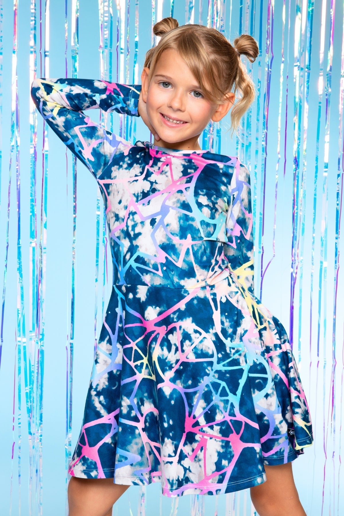 Simply Soft Long Sleeve Skater Dress - Black Tie Dye Rainbow Icons