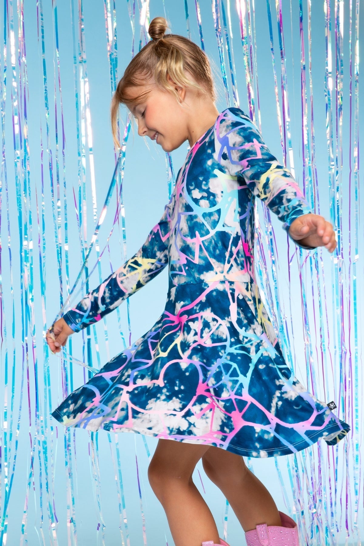 Simply Soft Long Sleeve Skater Dress - Black Tie Dye Rainbow Icons