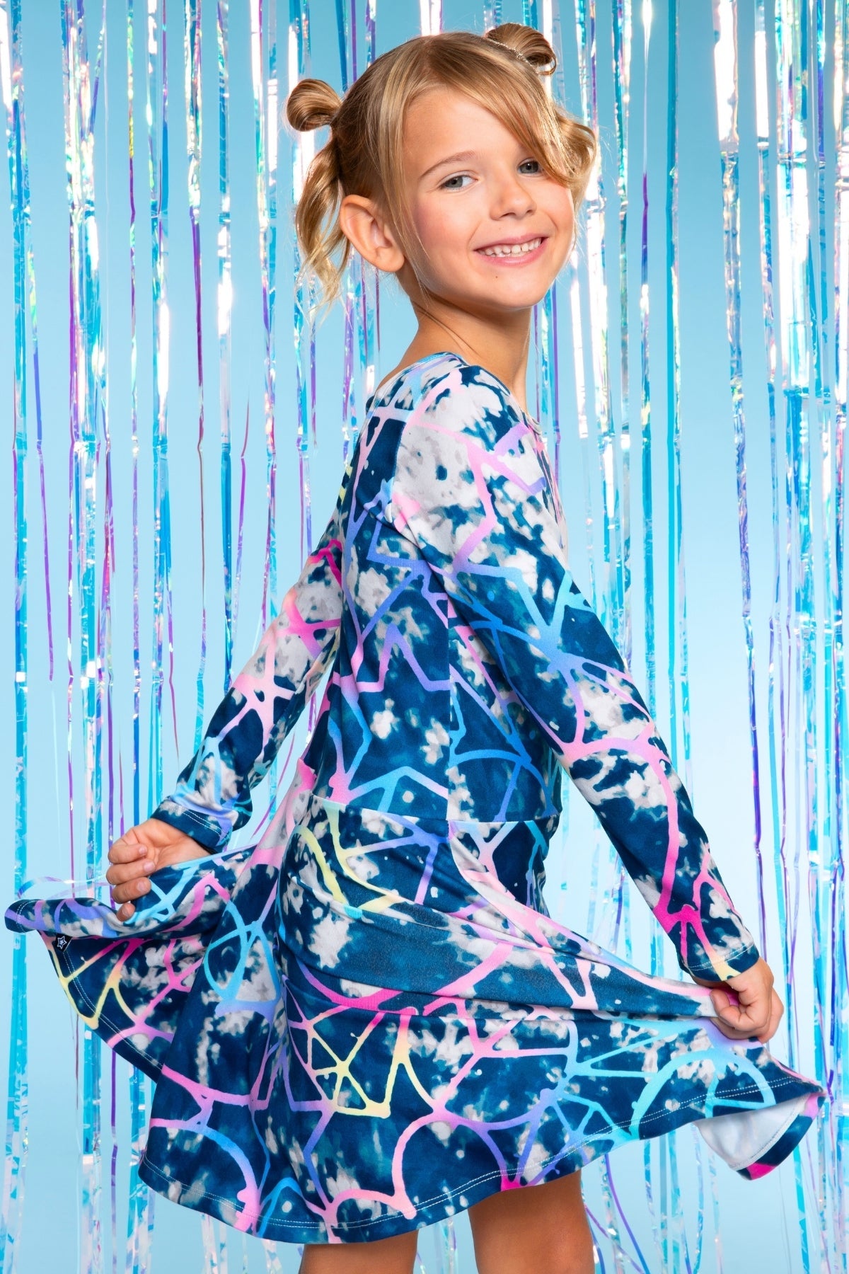 Simply Soft Long Sleeve Skater Dress - Black Tie Dye Rainbow Icons
