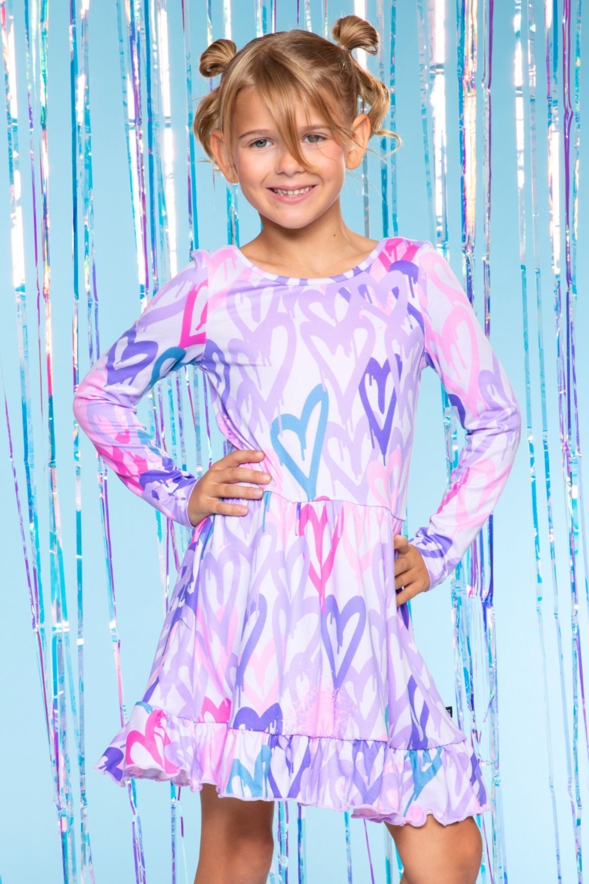 Simply Soft Long Sleeve Be Happy Flounce Dress - Pink Heart Sketch