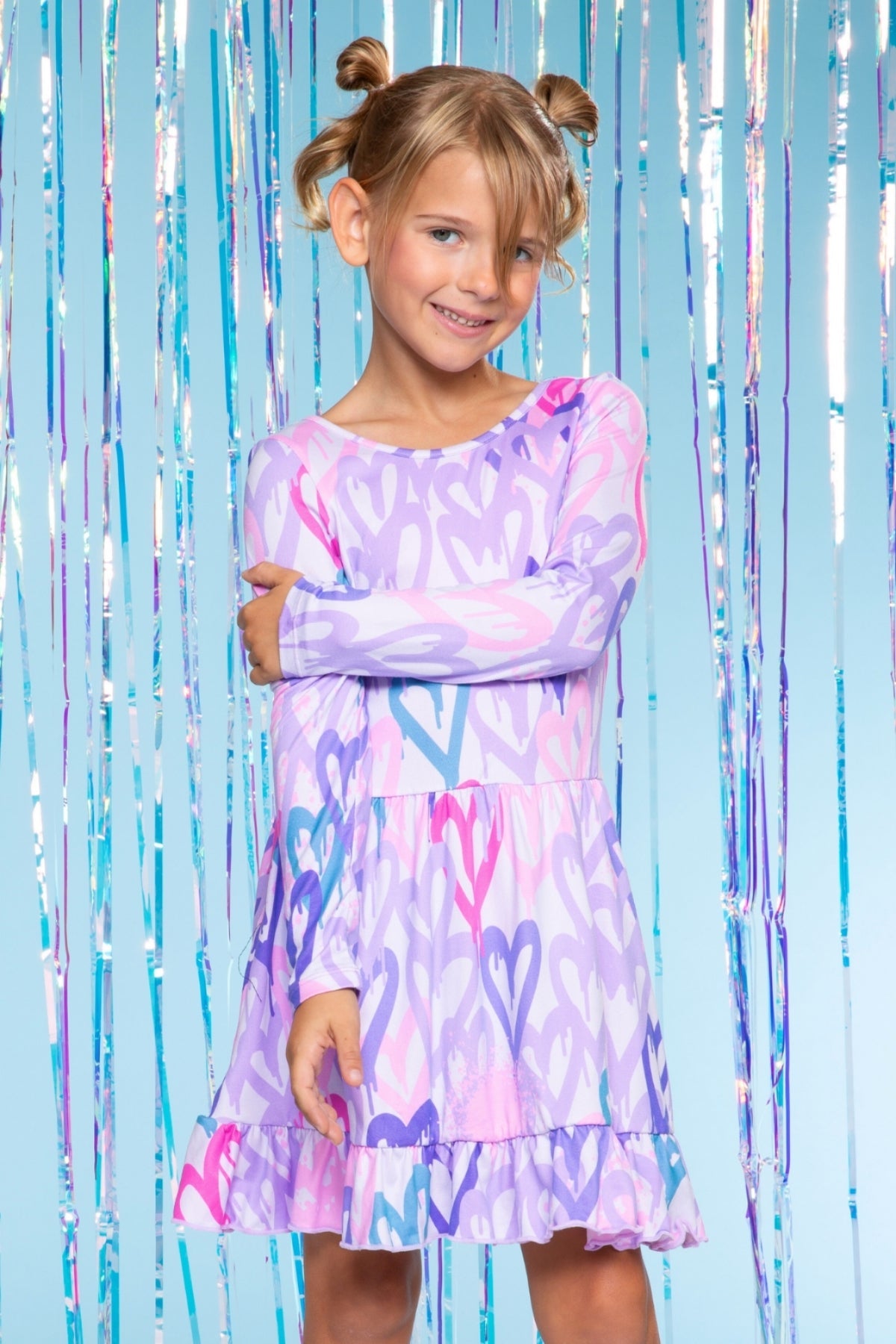 Simply Soft Long Sleeve Be Happy Flounce Dress - Pink Heart Sketch