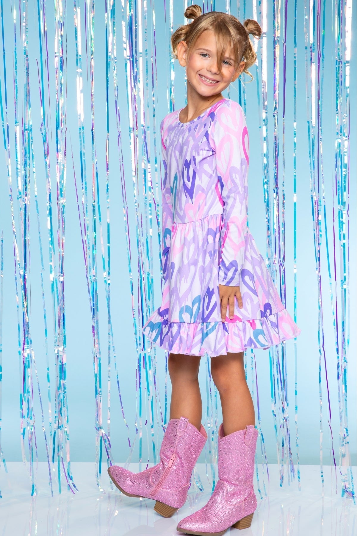 Simply Soft Long Sleeve Be Happy Flounce Dress - Pink Heart Sketch