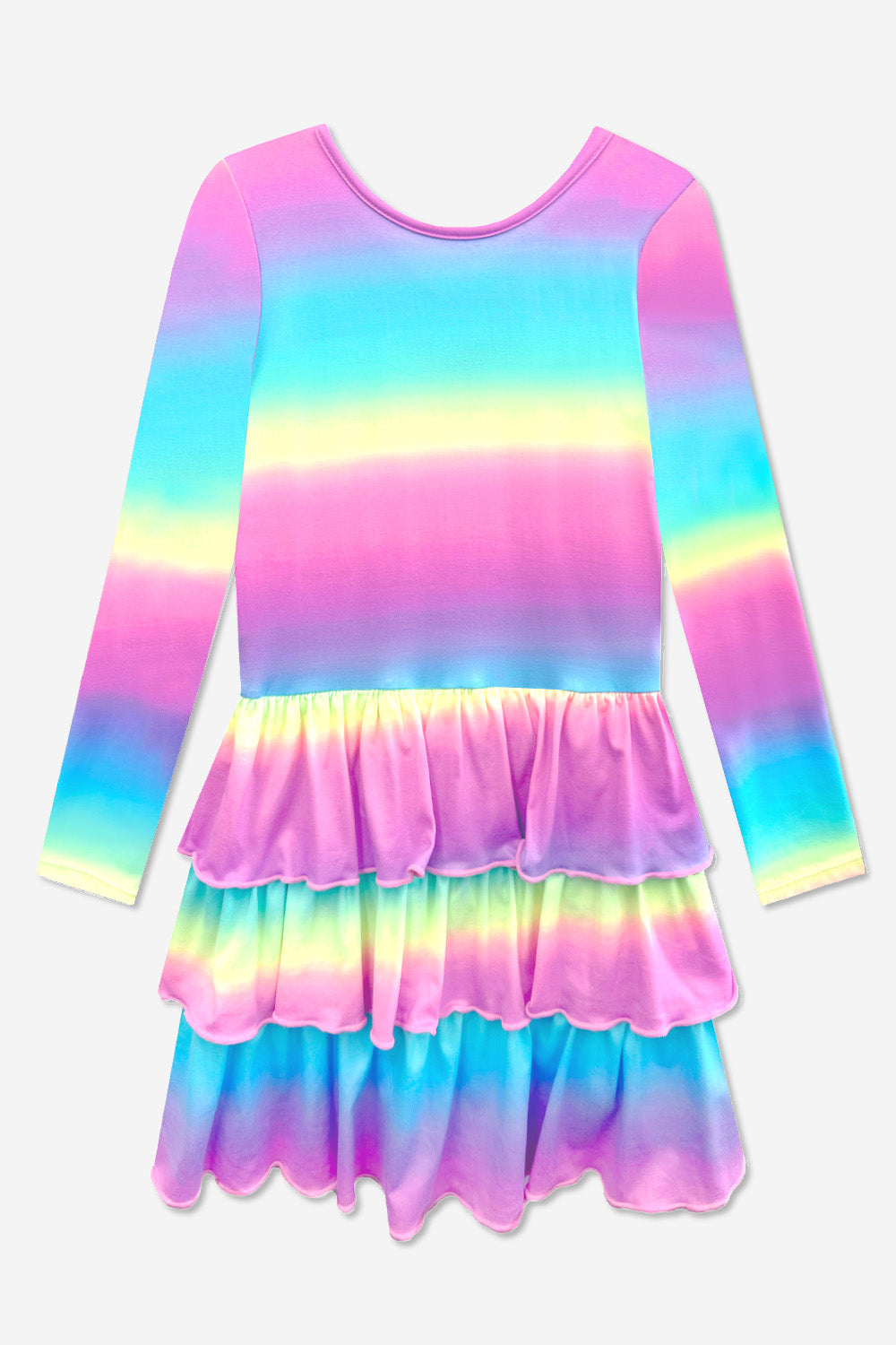 Simply Soft Long Sleeve Triple Ruffle Skirt Dress - Neon Rainbow Batik