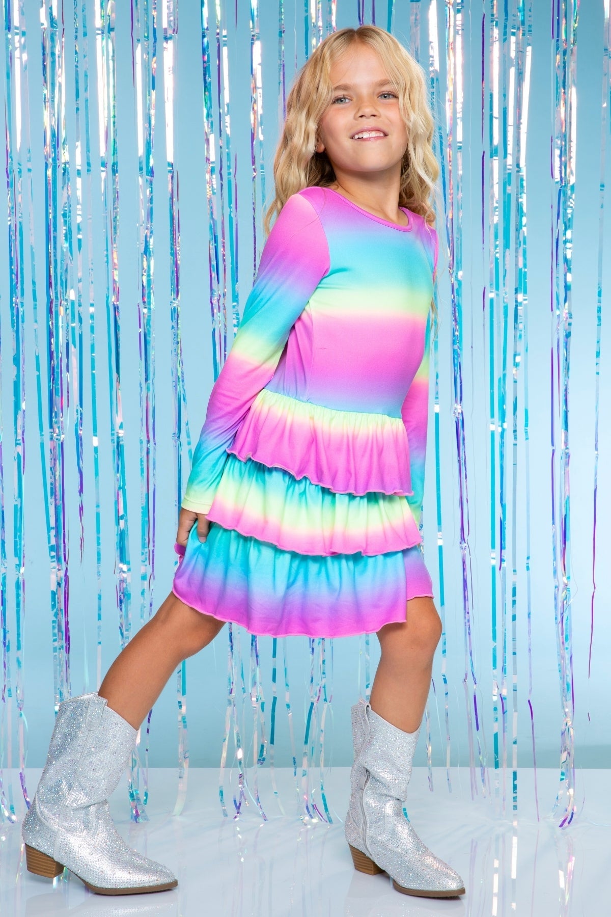 Simply Soft Long Sleeve Triple Ruffle Skirt Dress - Neon Rainbow Batik