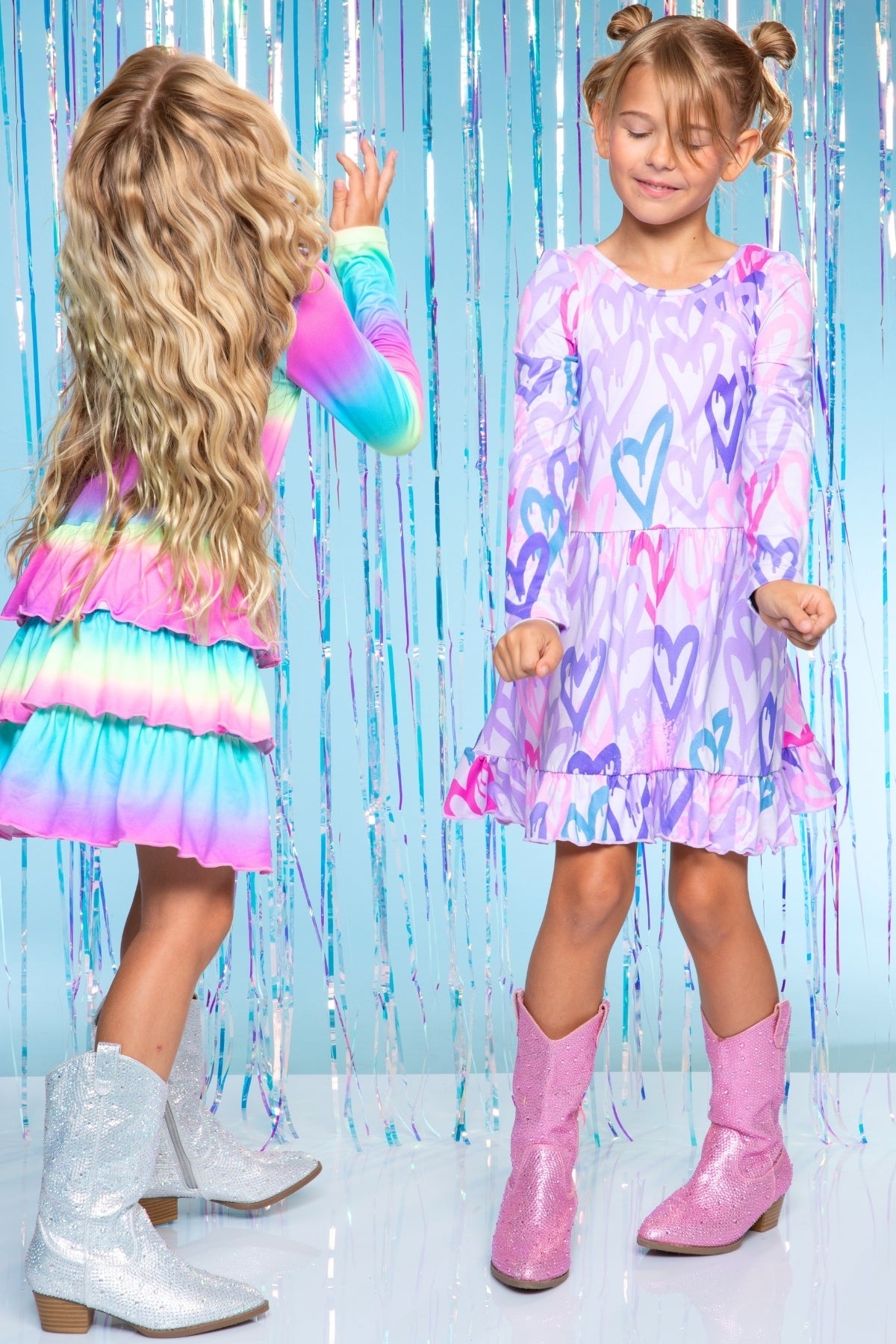Simply Soft Long Sleeve Triple Ruffle Skirt Dress - Neon Rainbow Batik