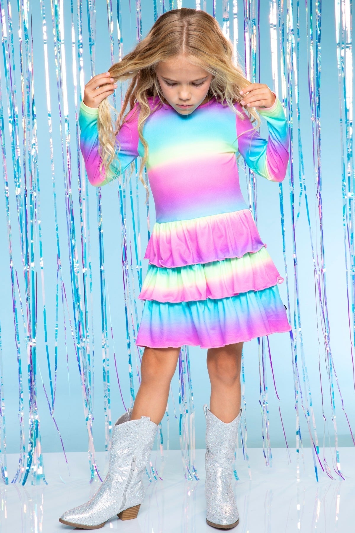Simply Soft Long Sleeve Triple Ruffle Skirt Dress - Neon Rainbow Batik