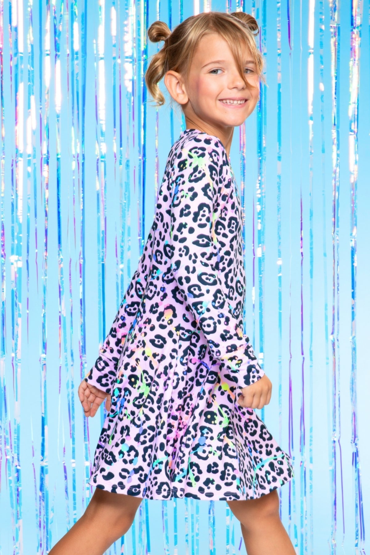 Simply Soft Long Sleeve Twirl Dress - Neon Lt Pink Leopard Splatter