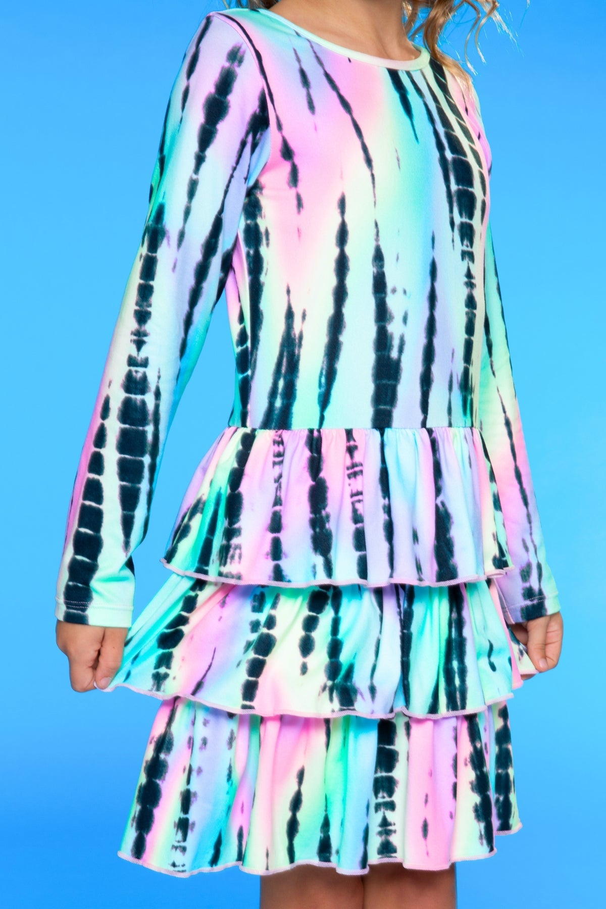 Simply Soft Long Sleeve Triple Ruffle Skirt Dress - Neon Rainbow Batik