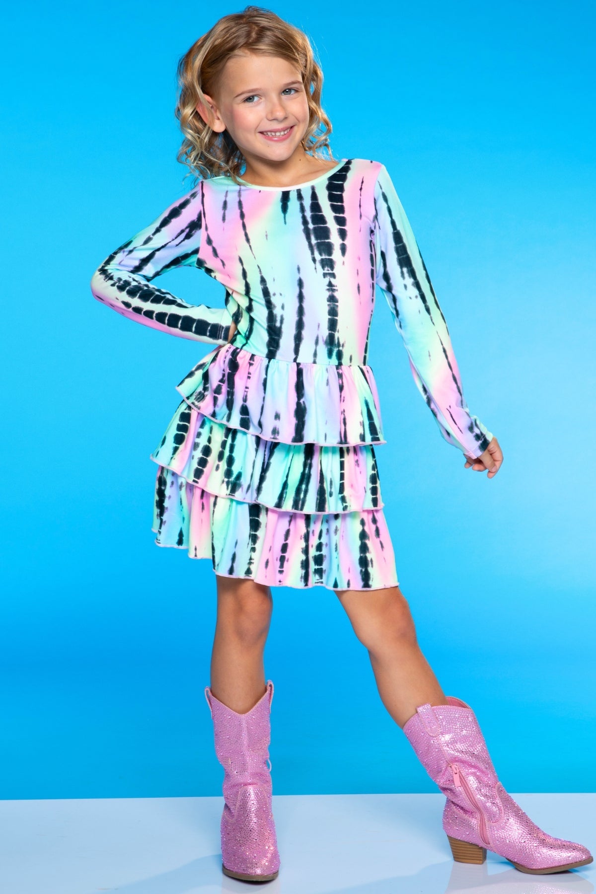 Simply Soft Long Sleeve Triple Ruffle Skirt Dress - Neon Rainbow Batik