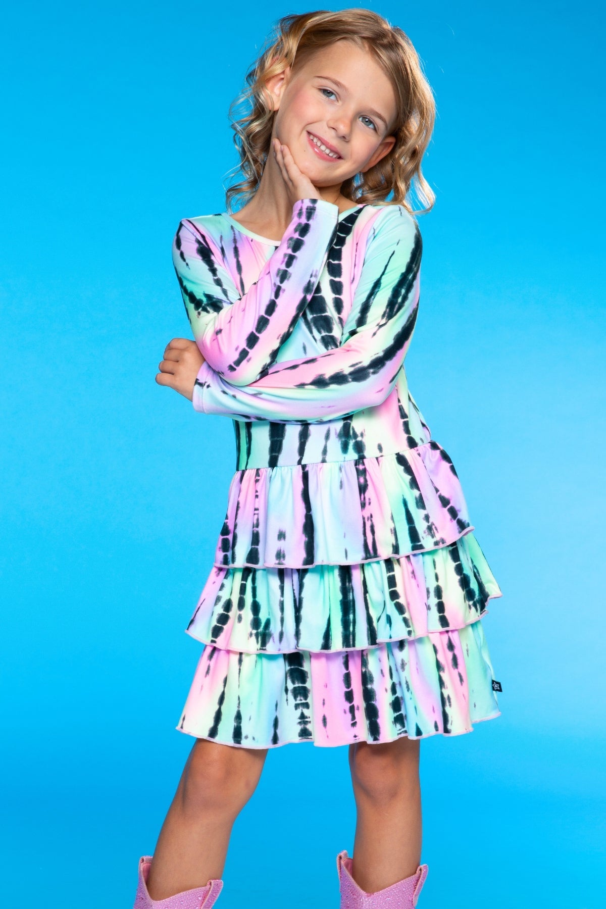 Simply Soft Long Sleeve Triple Ruffle Skirt Dress - Neon Rainbow Batik