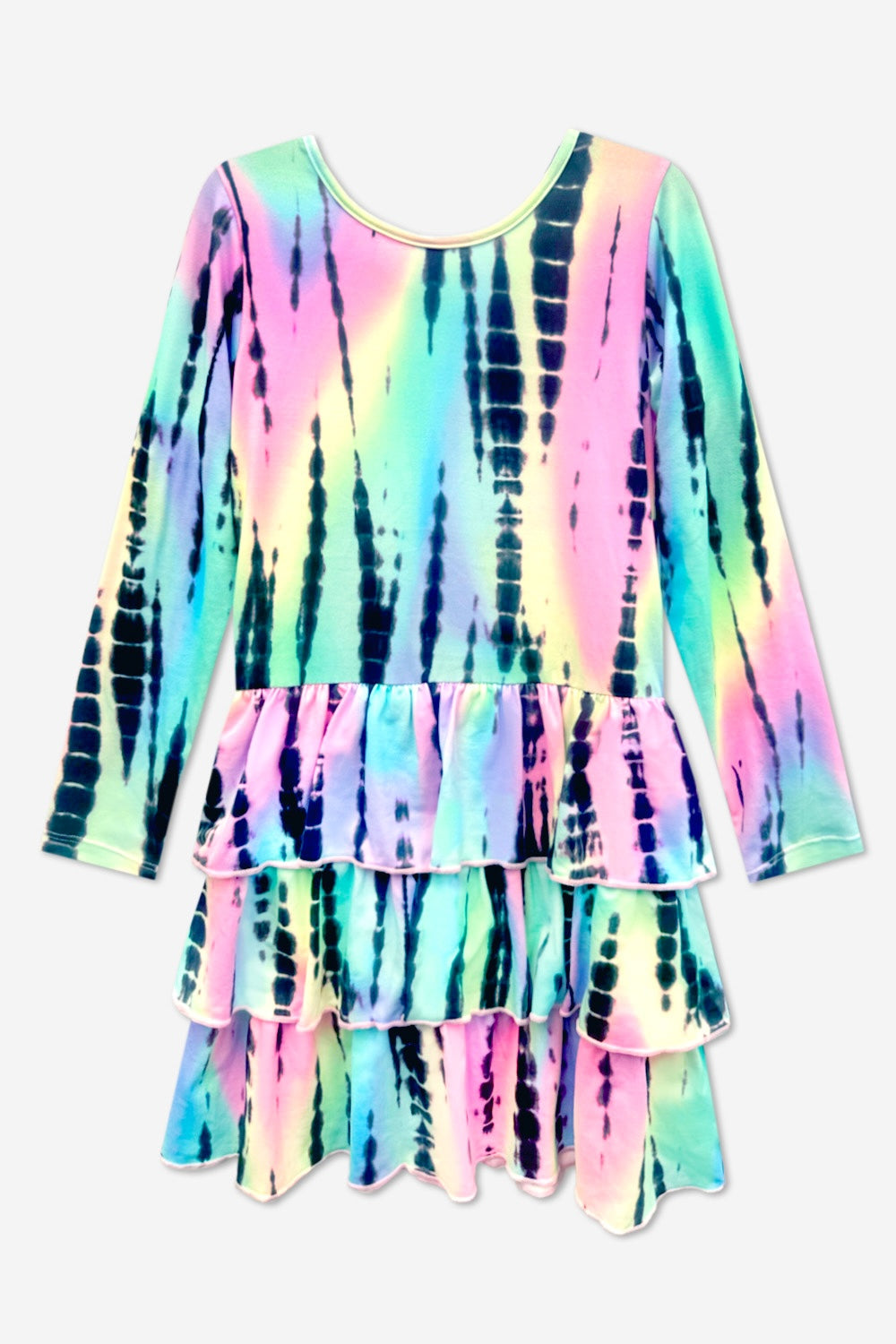 Simply Soft Long Sleeve Triple Ruffle Skirt Dress - Neon Rainbow Batik