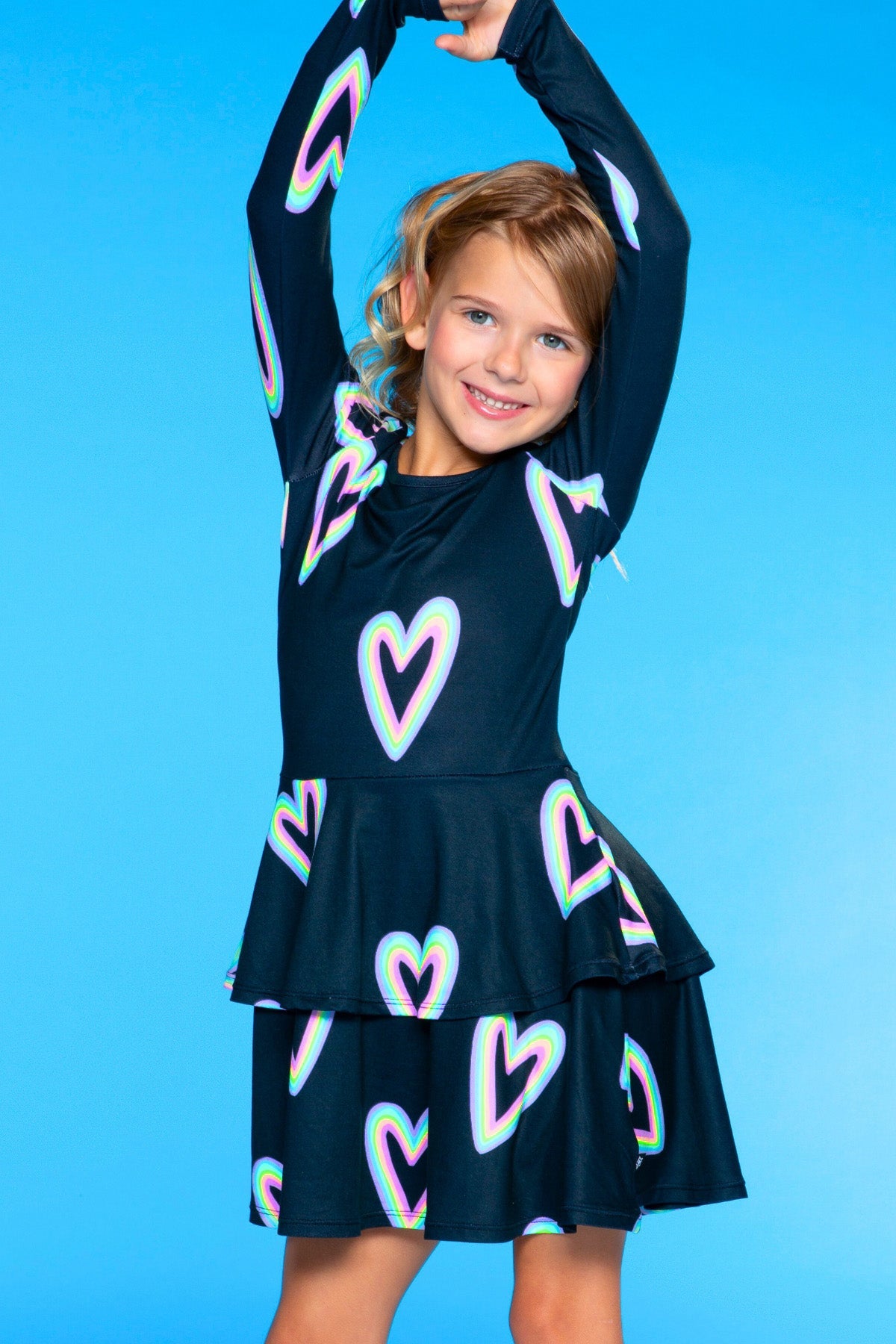 Simply Soft Long Sleeve Ruffle Skirt Dress - Pink Grey Tie Dye Stars