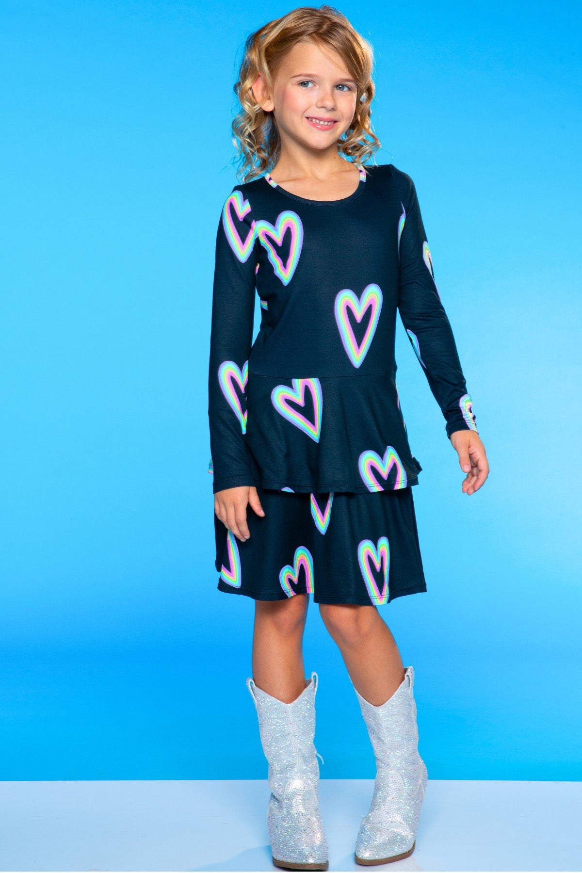 Simply Soft Long Sleeve Ruffle Skirt Dress - Pink Grey Tie Dye Stars