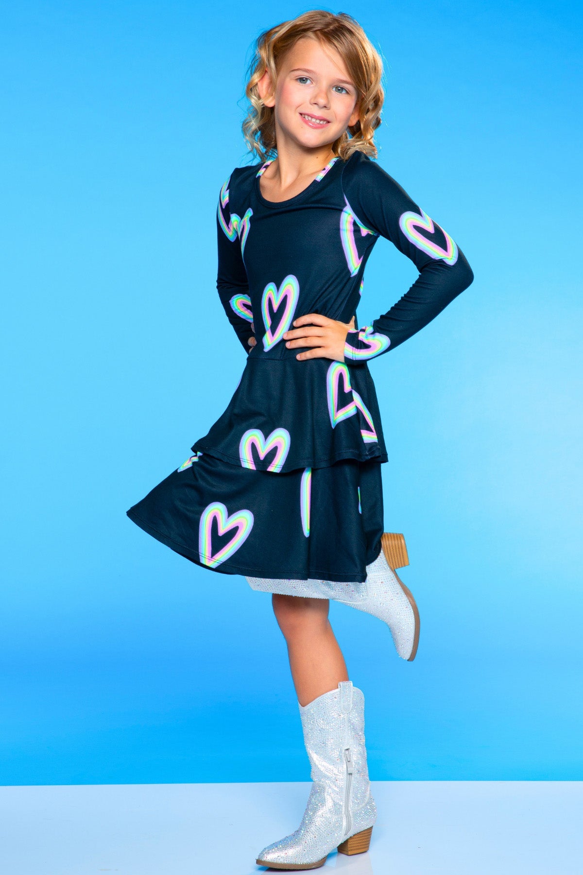 Simply Soft Long Sleeve Ruffle Skirt Dress - Pink Grey Tie Dye Stars