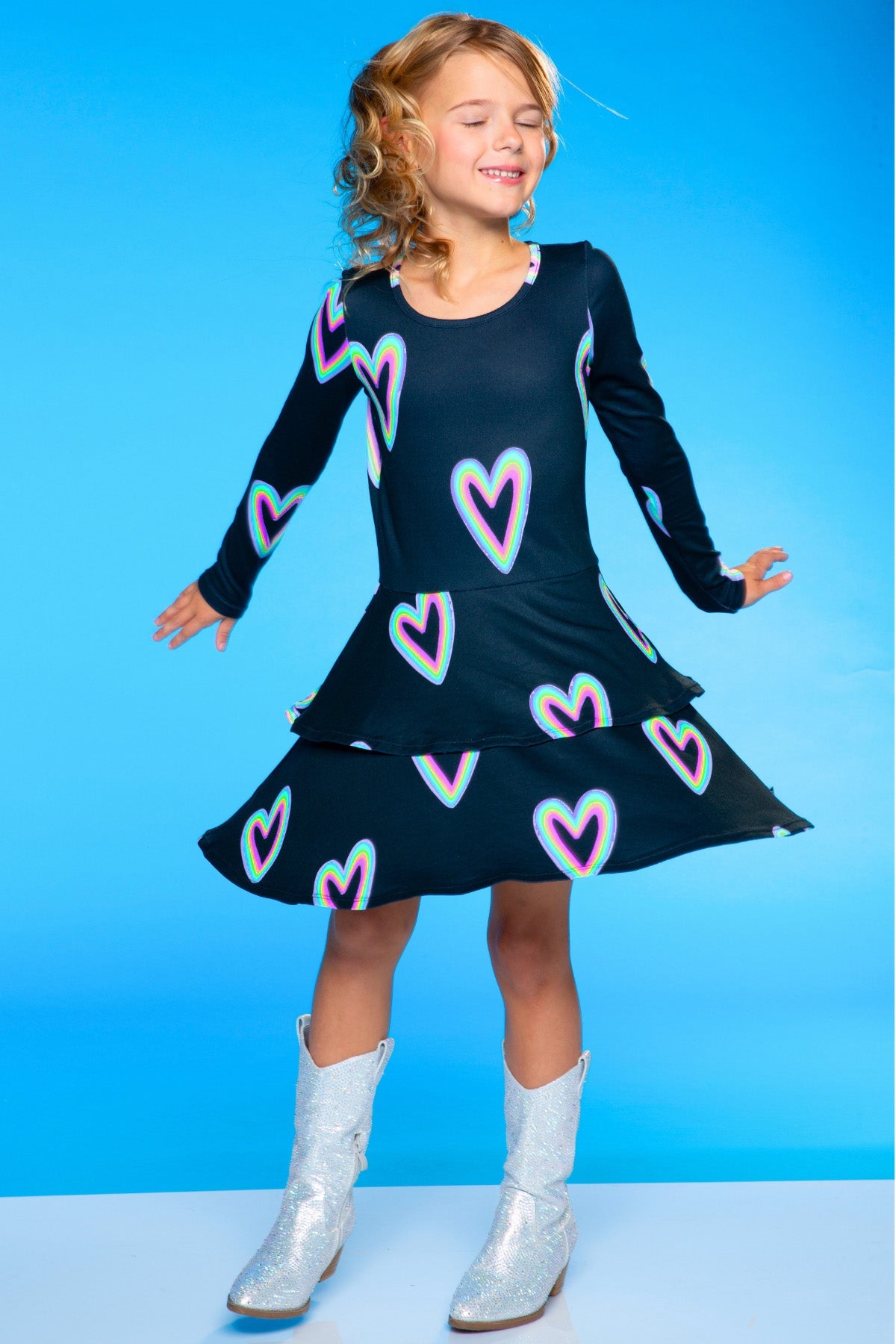 Simply Soft Long Sleeve Ruffle Skirt Dress - Pink Grey Tie Dye Stars