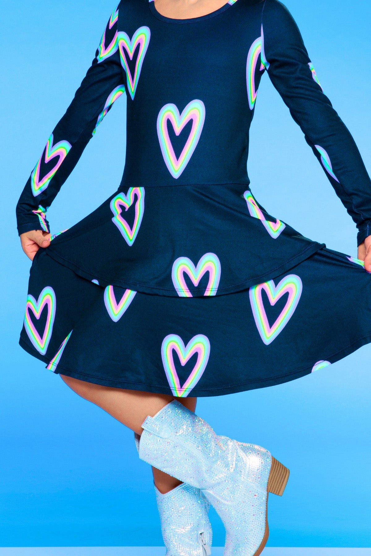 Simply Soft Long Sleeve Ruffle Skirt Dress - Pink Grey Tie Dye Stars