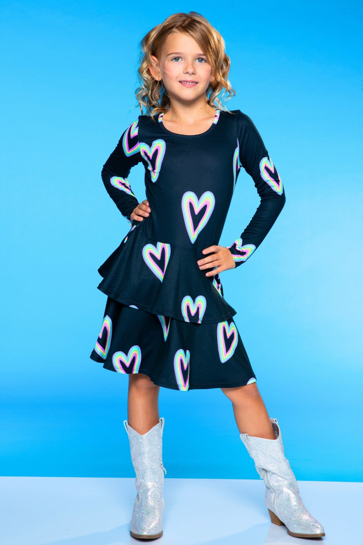Simply Soft Long Sleeve Ruffle Skirt Dress - Pink Grey Tie Dye Stars