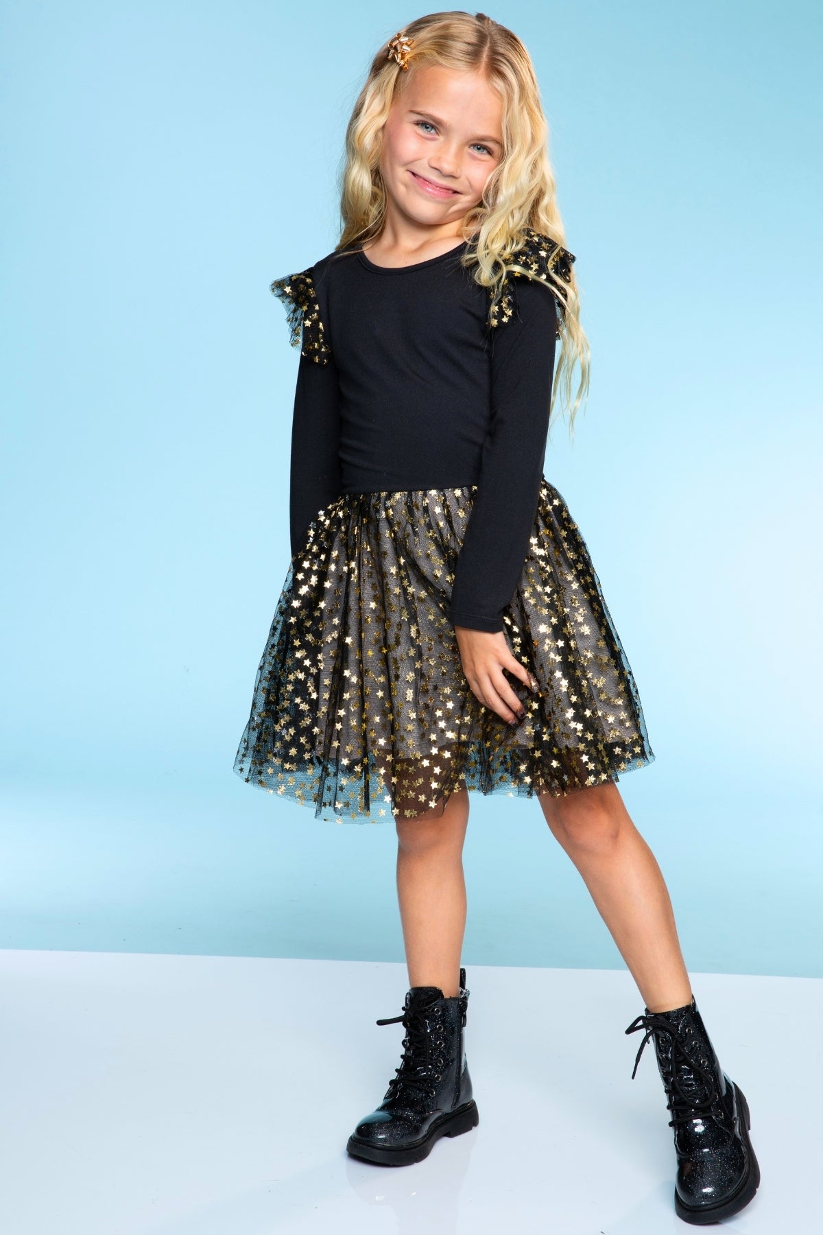 Simply Soft Bow Back Be Happy Tulle Dress - Black Foil Stars