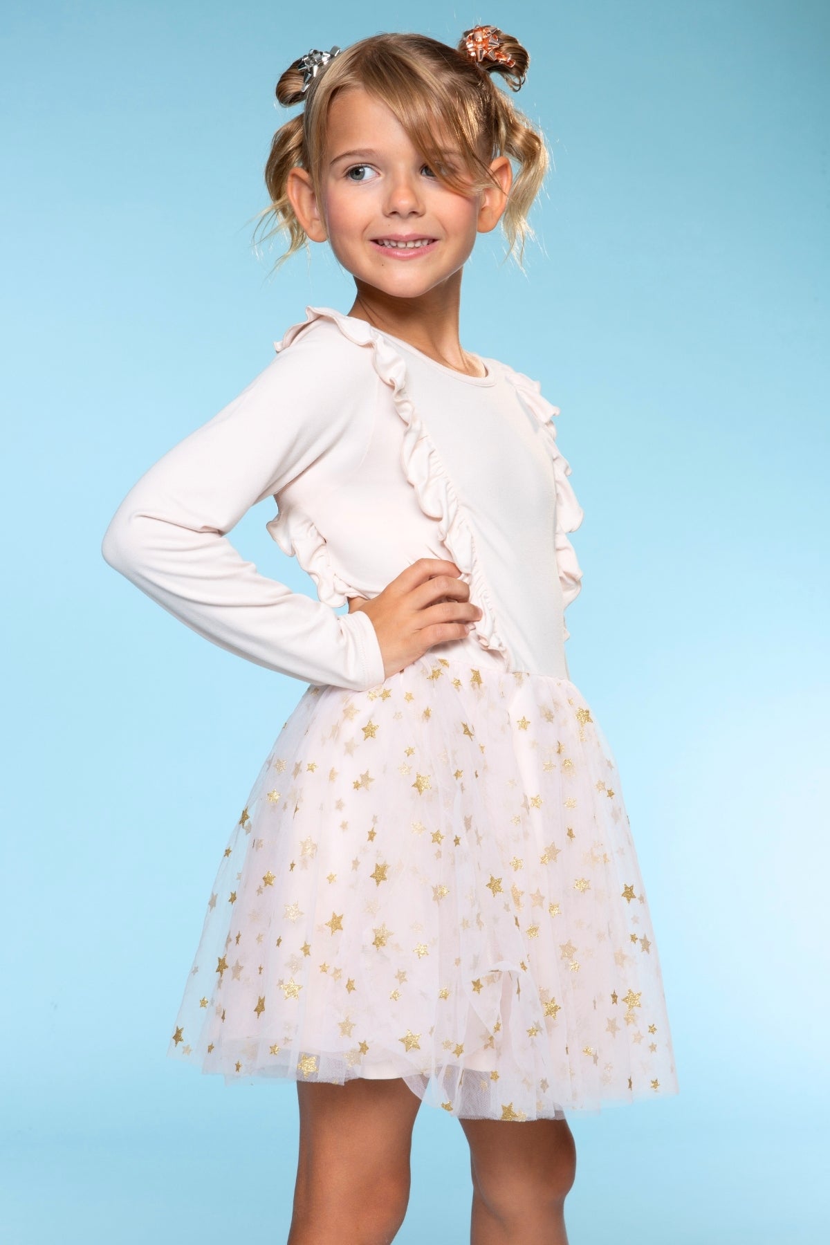 Simply Soft Ruffle Be Happy Tulle Dress - Ivory Gold Glitter Stars