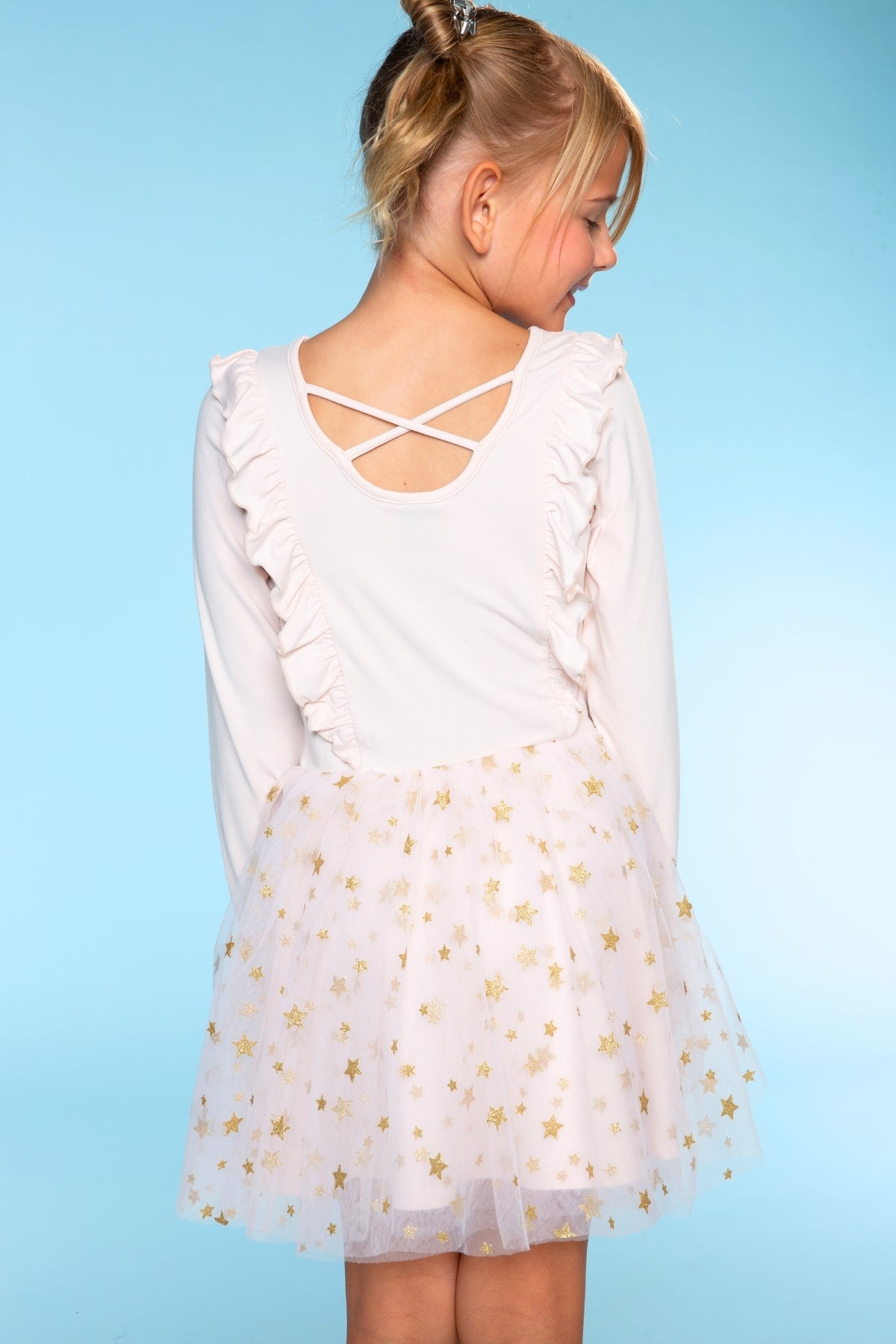 Simply Soft Ruffle Be Happy Tulle Dress - Ivory Gold Glitter Stars