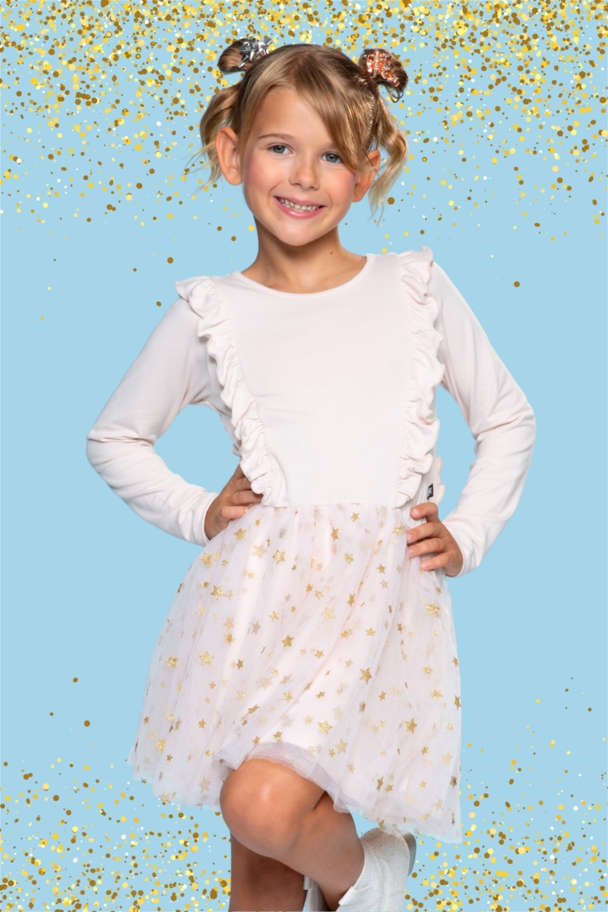 Simply Soft Ruffle Be Happy Tulle Dress - Ivory Gold Glitter Stars