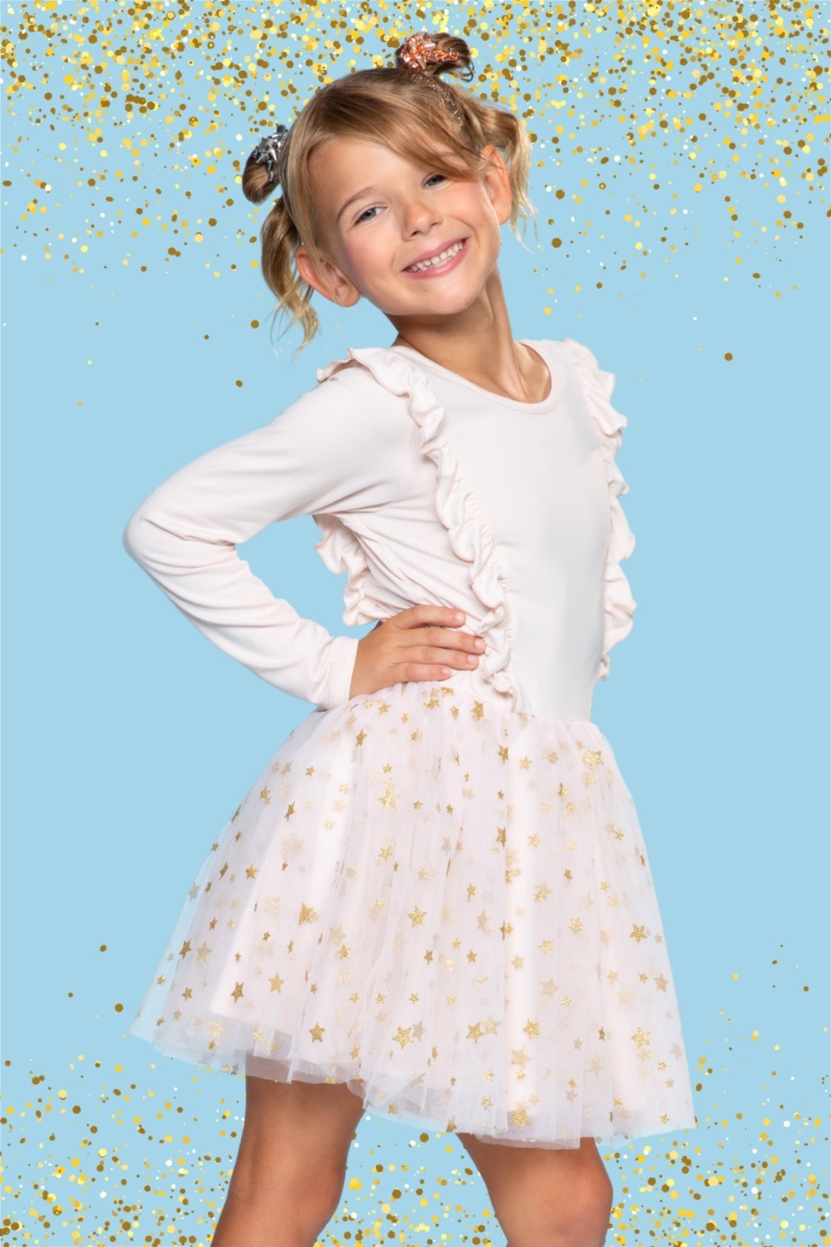 Simply Soft Ruffle Be Happy Tulle Dress - Ivory Gold Glitter Stars