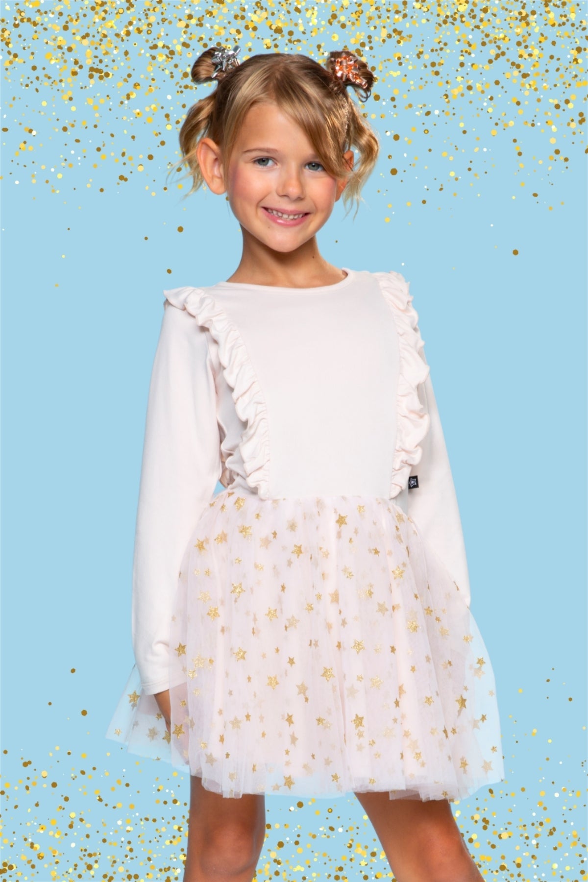 Simply Soft Ruffle Be Happy Tulle Dress - Ivory Gold Glitter Stars