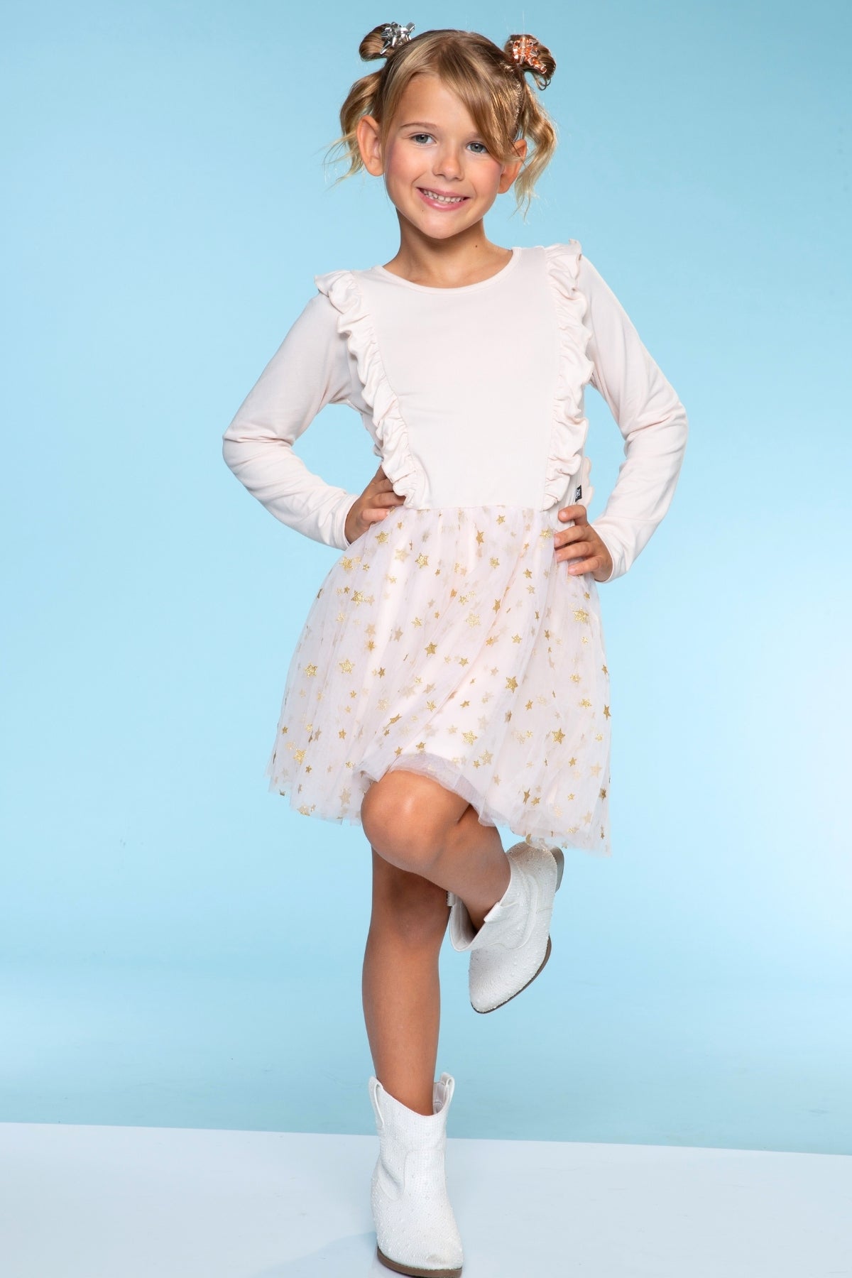 Simply Soft Ruffle Be Happy Tulle Dress - Ivory Gold Glitter Stars