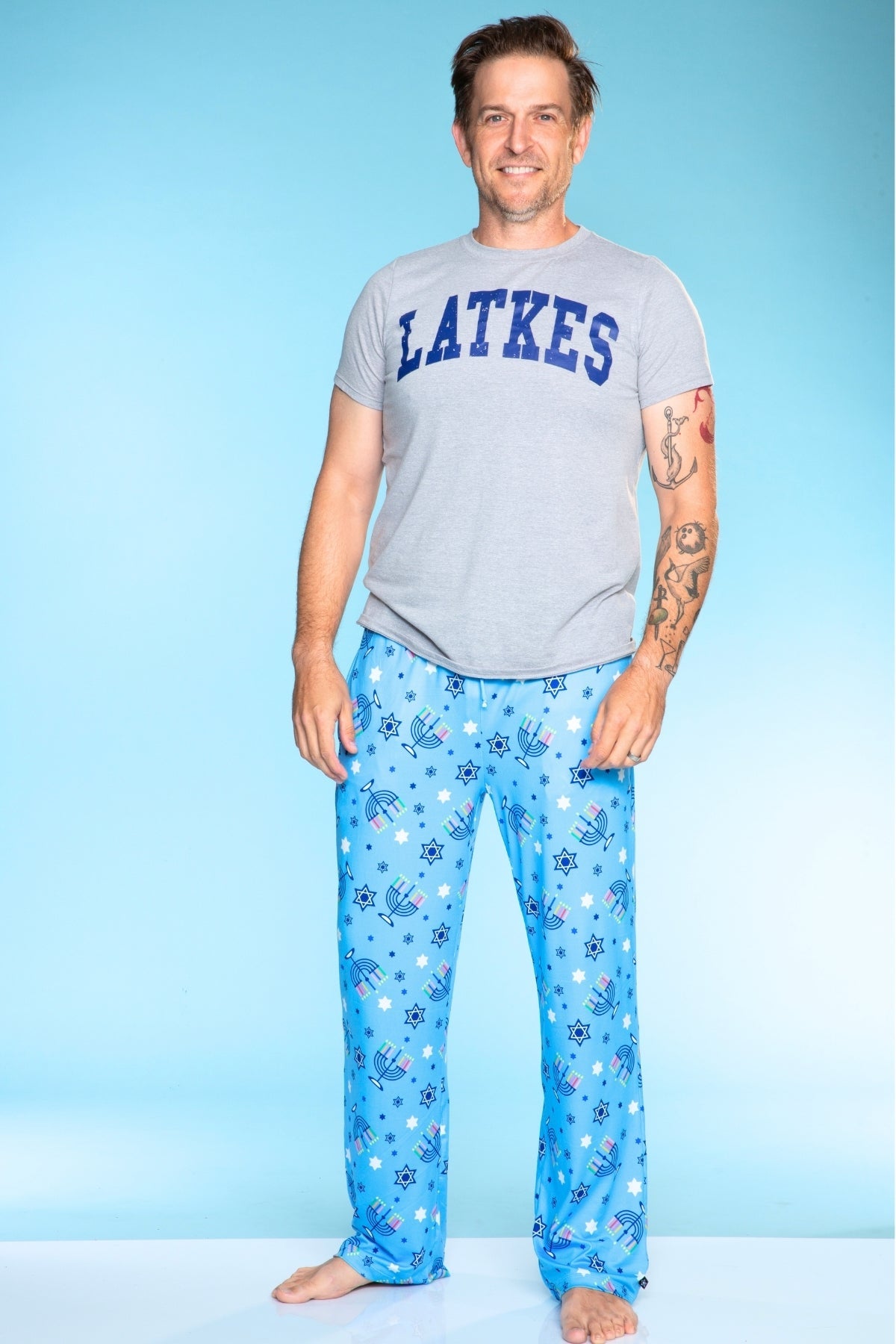Men's Triblend Tee & Simply Soft Karate Pant - Blue Hanukkah Menorah