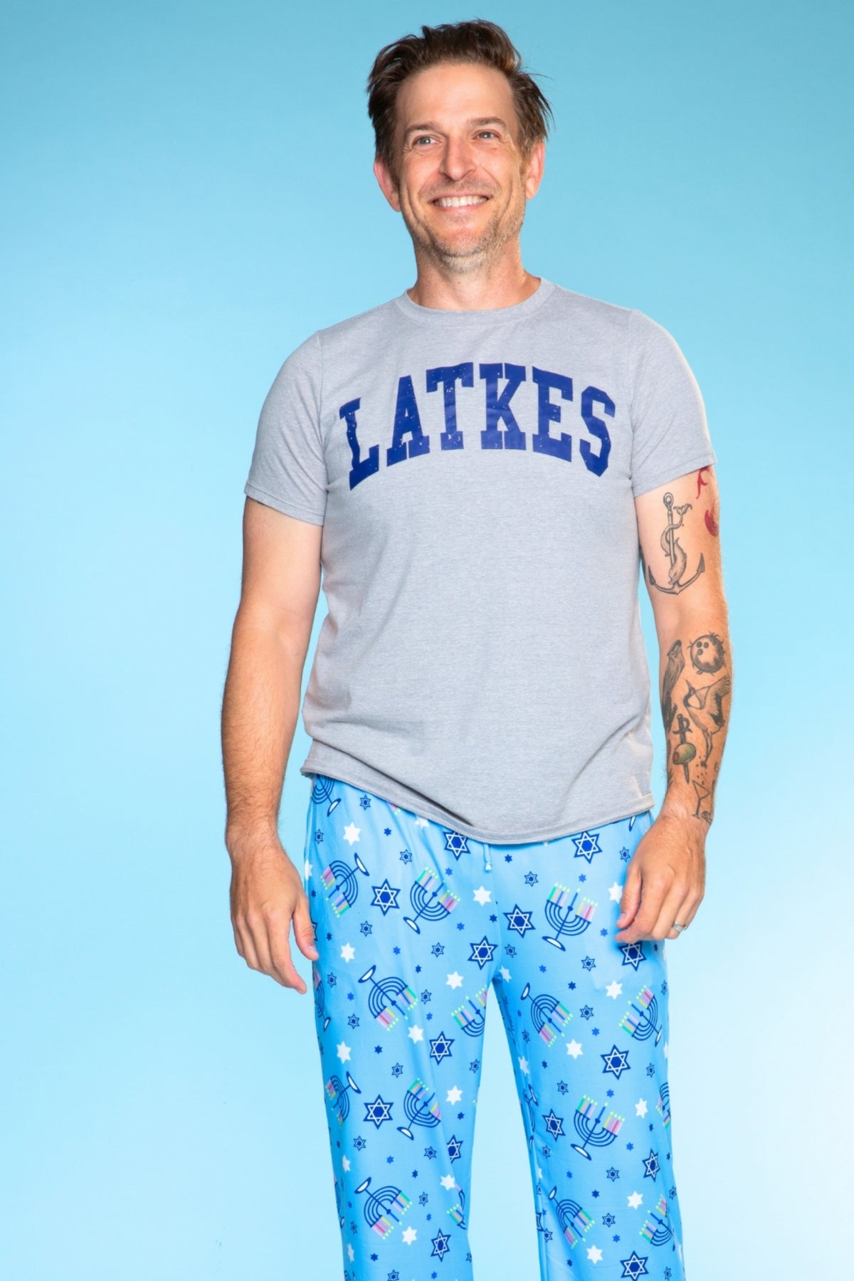 Men's Triblend Tee & Simply Soft Karate Pant - Blue Hanukkah Menorah