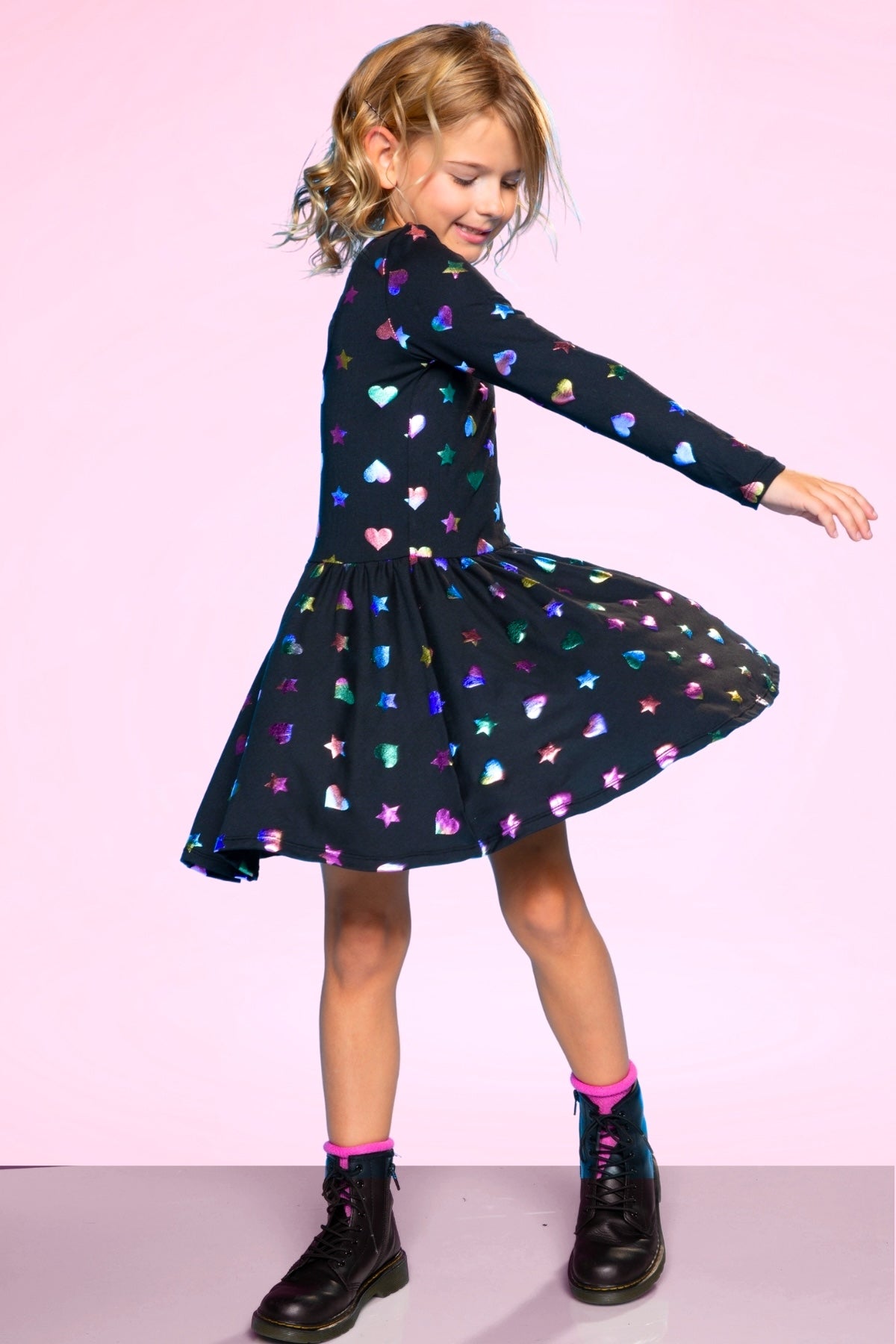 4-Pack Simply Soft L/S Dress. - Pink Rainbow Heart | Pink Birthday | Pink Grey Tie Dye Stars | Pink Daisy Rainbow