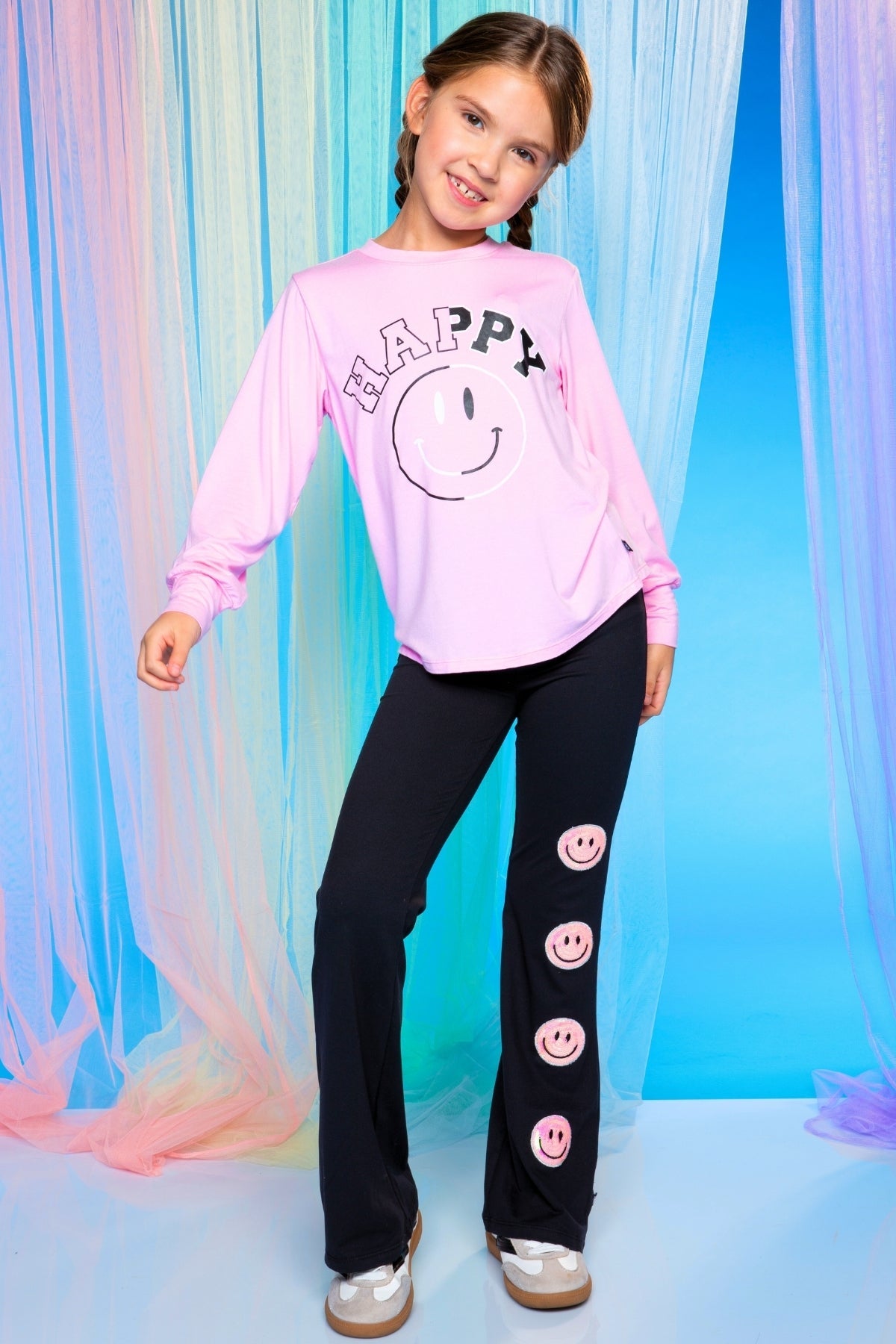Modal Long Sleeve Shirttail Top - Black Rainbow Peace Love